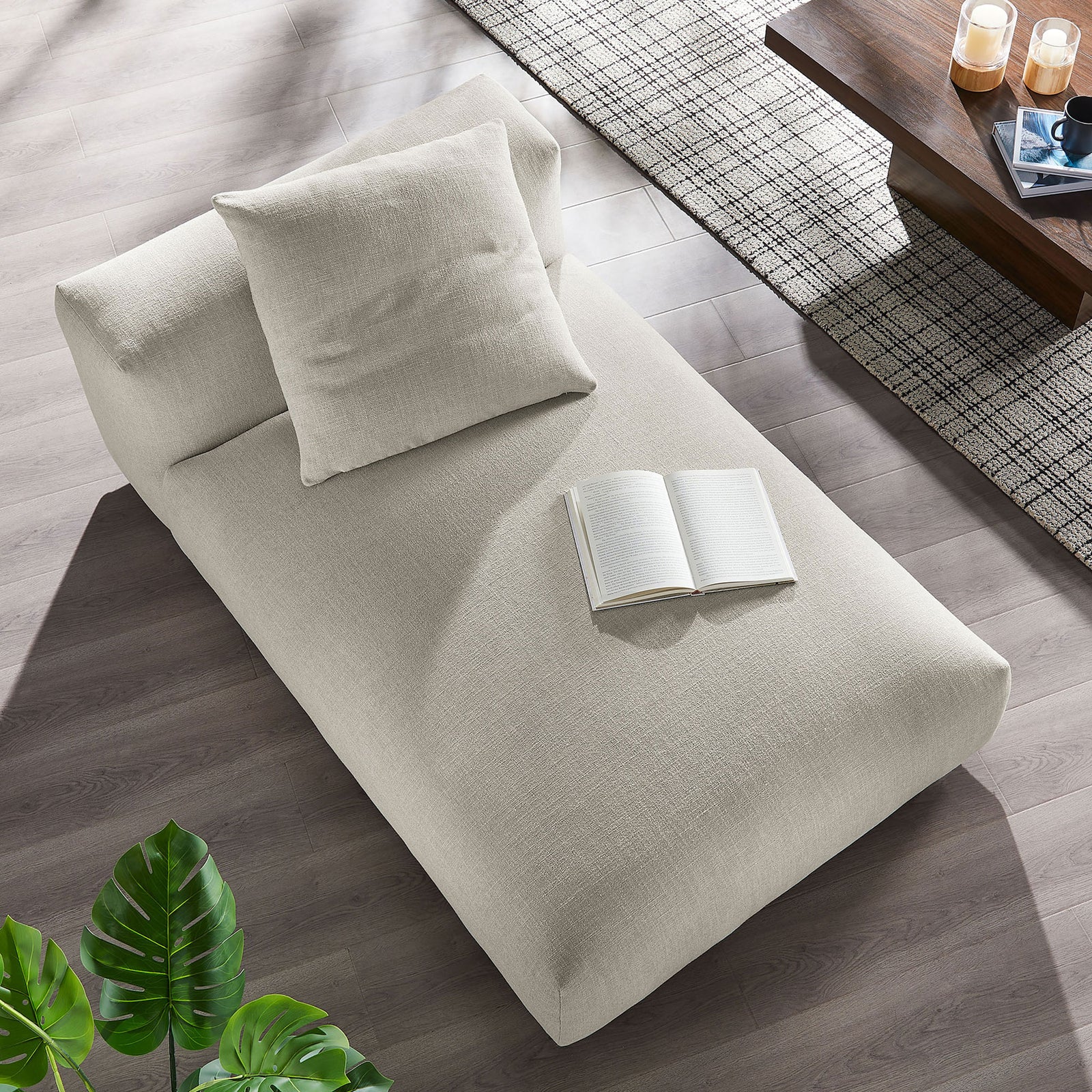 Linen chaise creates a calm living space with a generous lounging surface and matching pillow || EEI-6887-LIN || top_angle_room