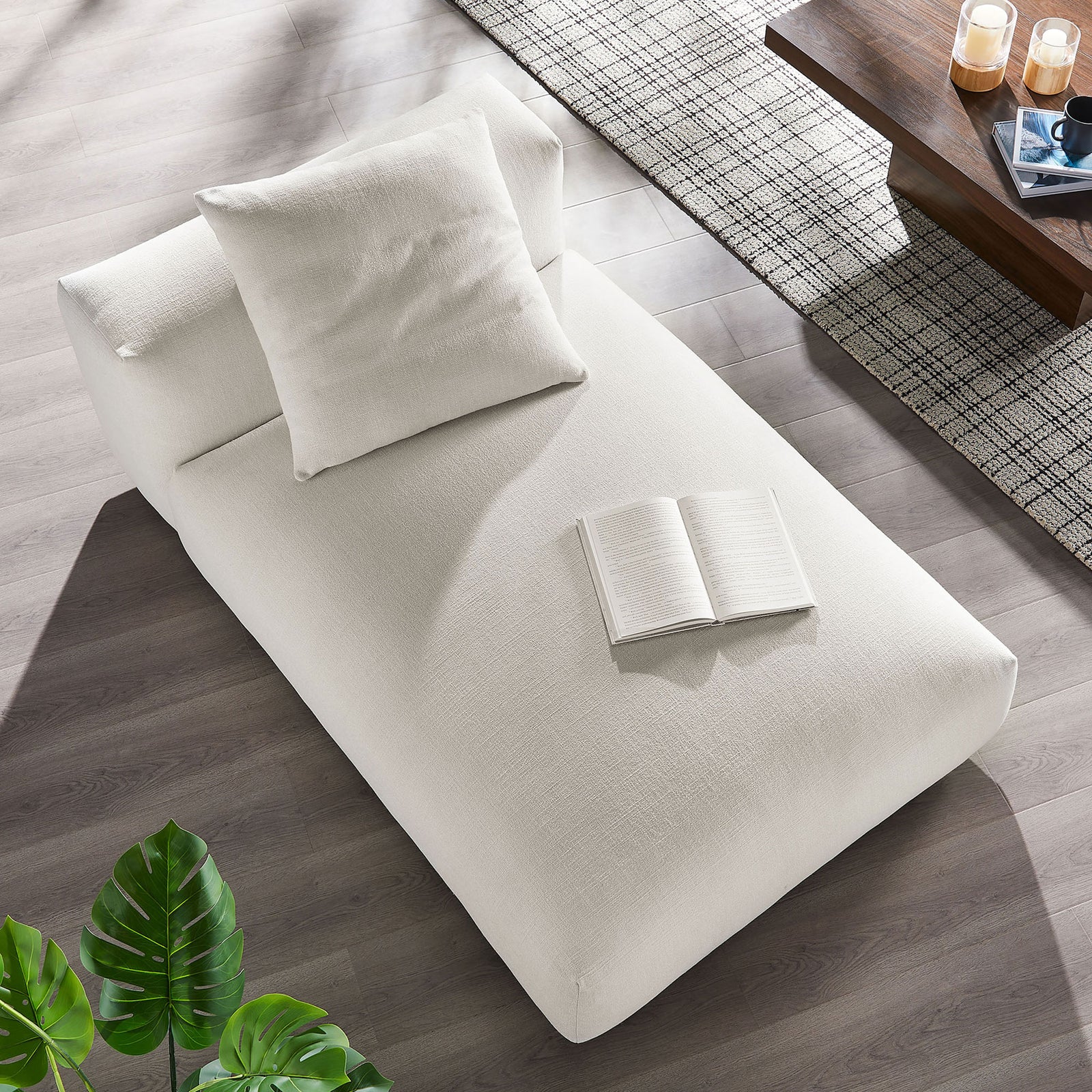 Inviting chaise brightens the room with its airy salt hue and cushioned comfort. || EEI-6887-SAL || top_angle_room