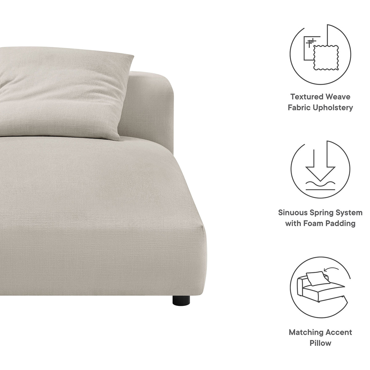 Supportive chaise features dense foam over sinuous springs with a matching pillow in soft salt fabric. || EEI-6887-SAL || callout_studio