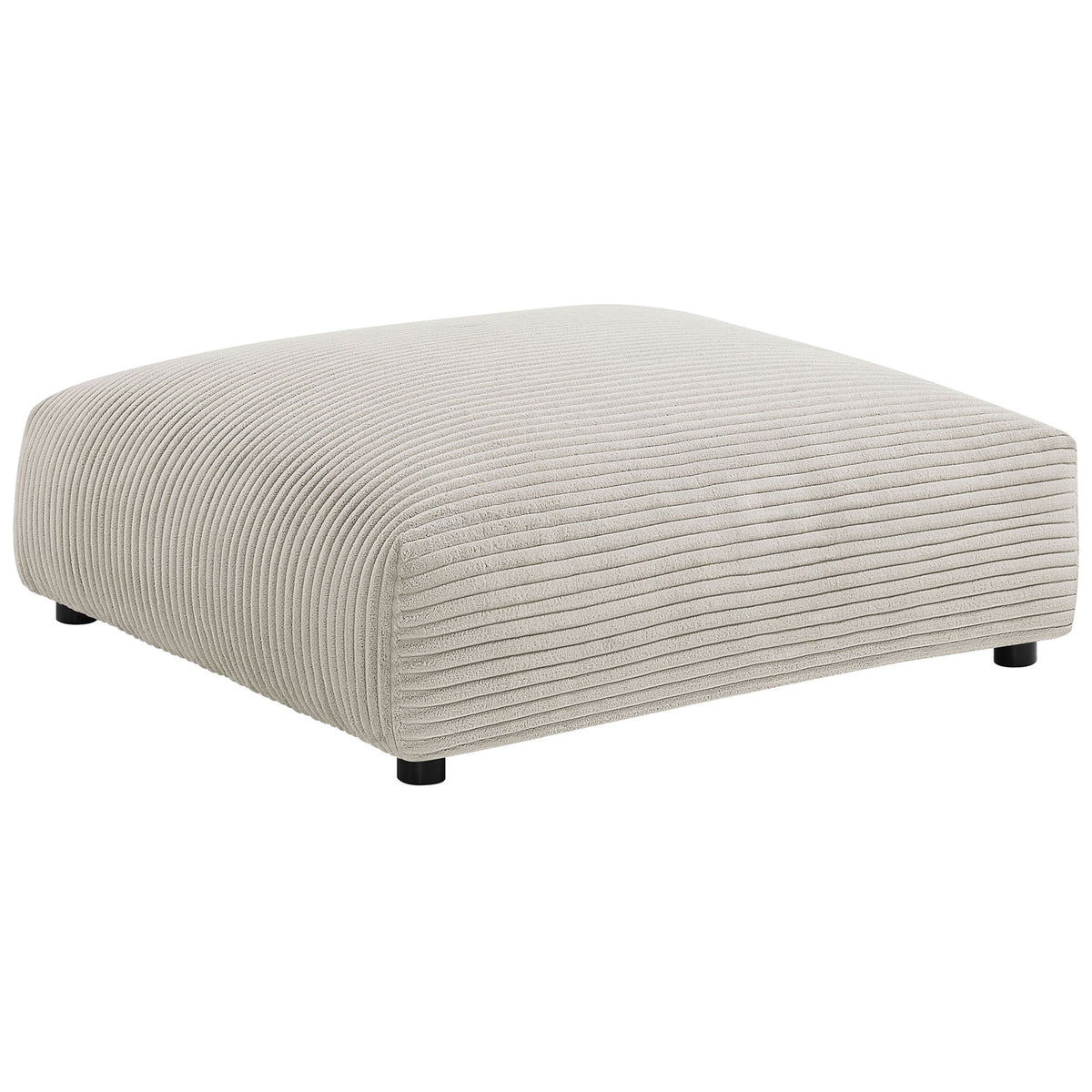 Oversized almond corduroy ottoman with wide channel tufting and low-profile comfort seating || EEI-6888-ALM || front_angle_studio