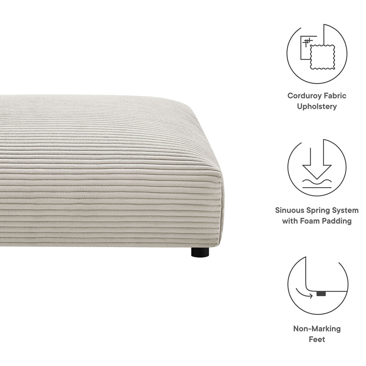 Low corduroy ottoman with graphic callouts for fabric upholstery, spring support, and non-marking feet || EEI-6888-ALM || callout_studio