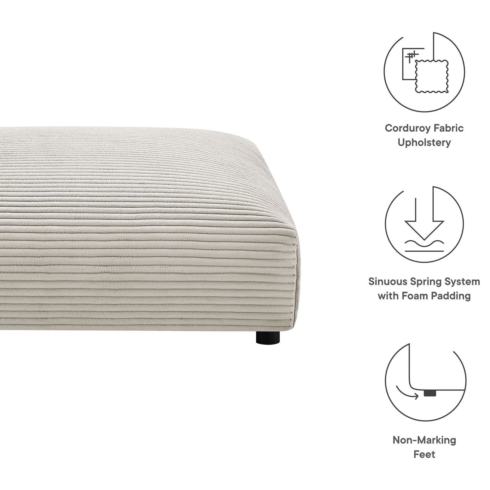 Low corduroy ottoman with graphic callouts for fabric upholstery, spring support, and non-marking feet || EEI-6888-ALM || callout_studio
