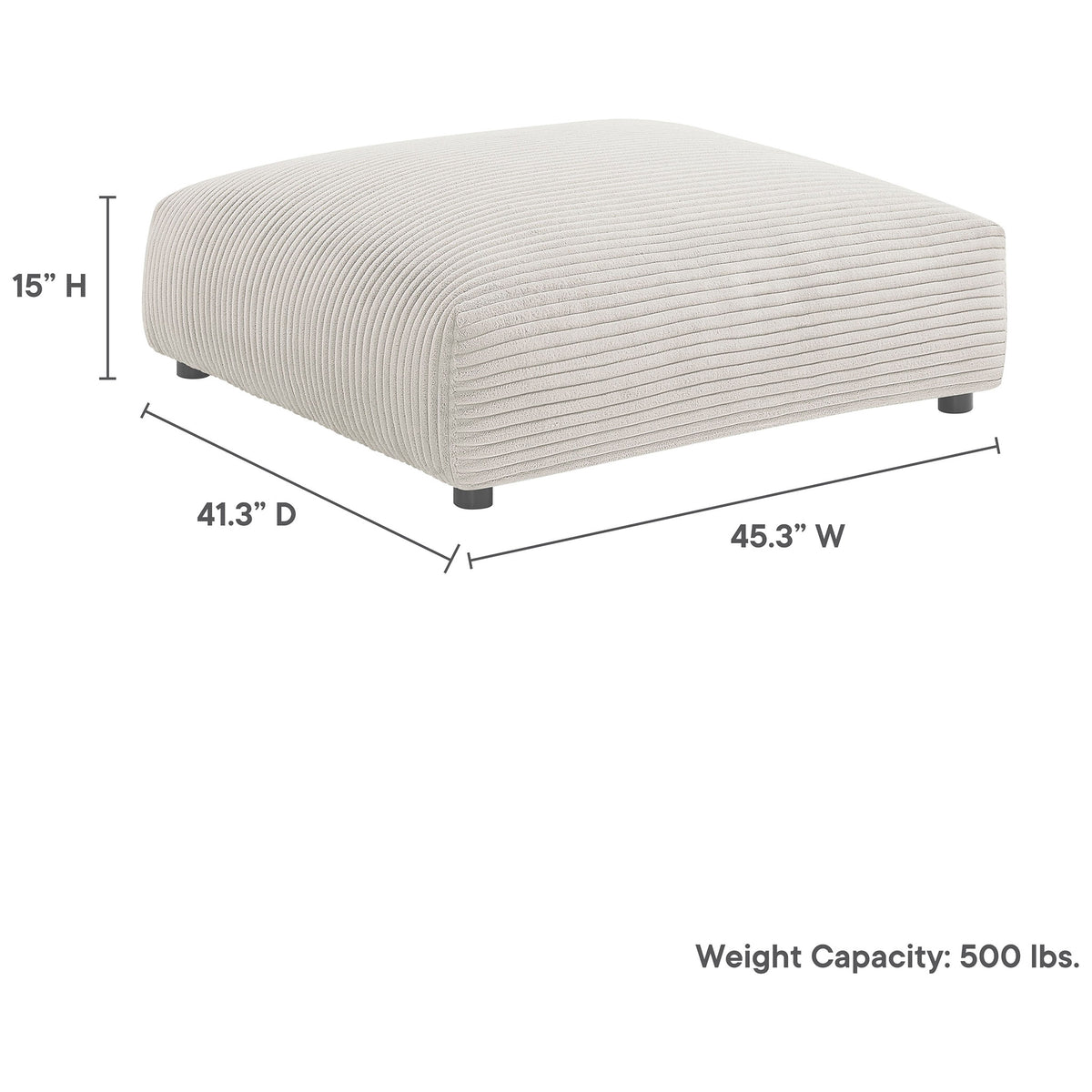 Almond corduroy ottoman with dimensions and 500 lb weight capacity shown for generous lounging space || EEI-6888-ALM || dimension_studio