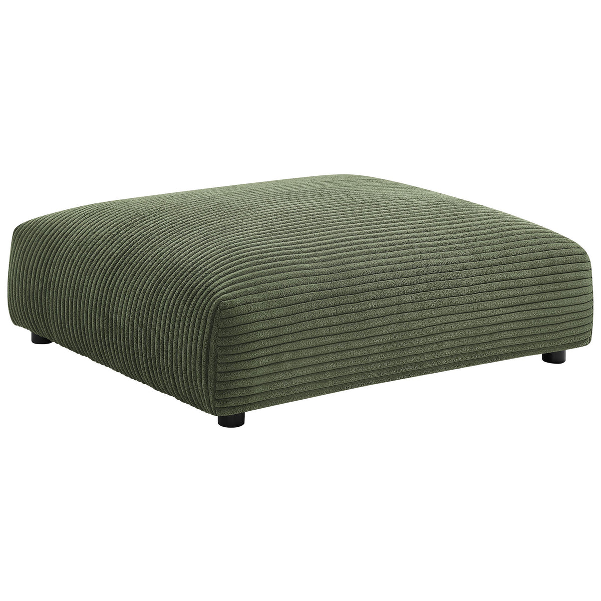 Oversized fern green corduroy ottoman with low profile and soft, wide channel tufting. || EEI-6888-FRN || front_angle_studio