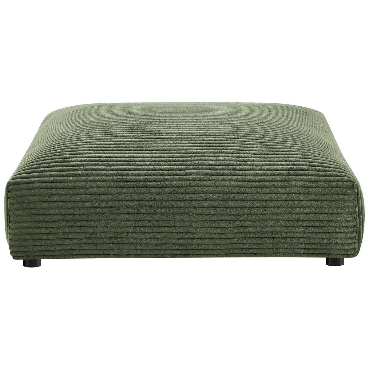 Plush square corduroy ottoman in fern green showcasing deep horizontal channels and rounded edges. || EEI-6888-FRN || front_studio