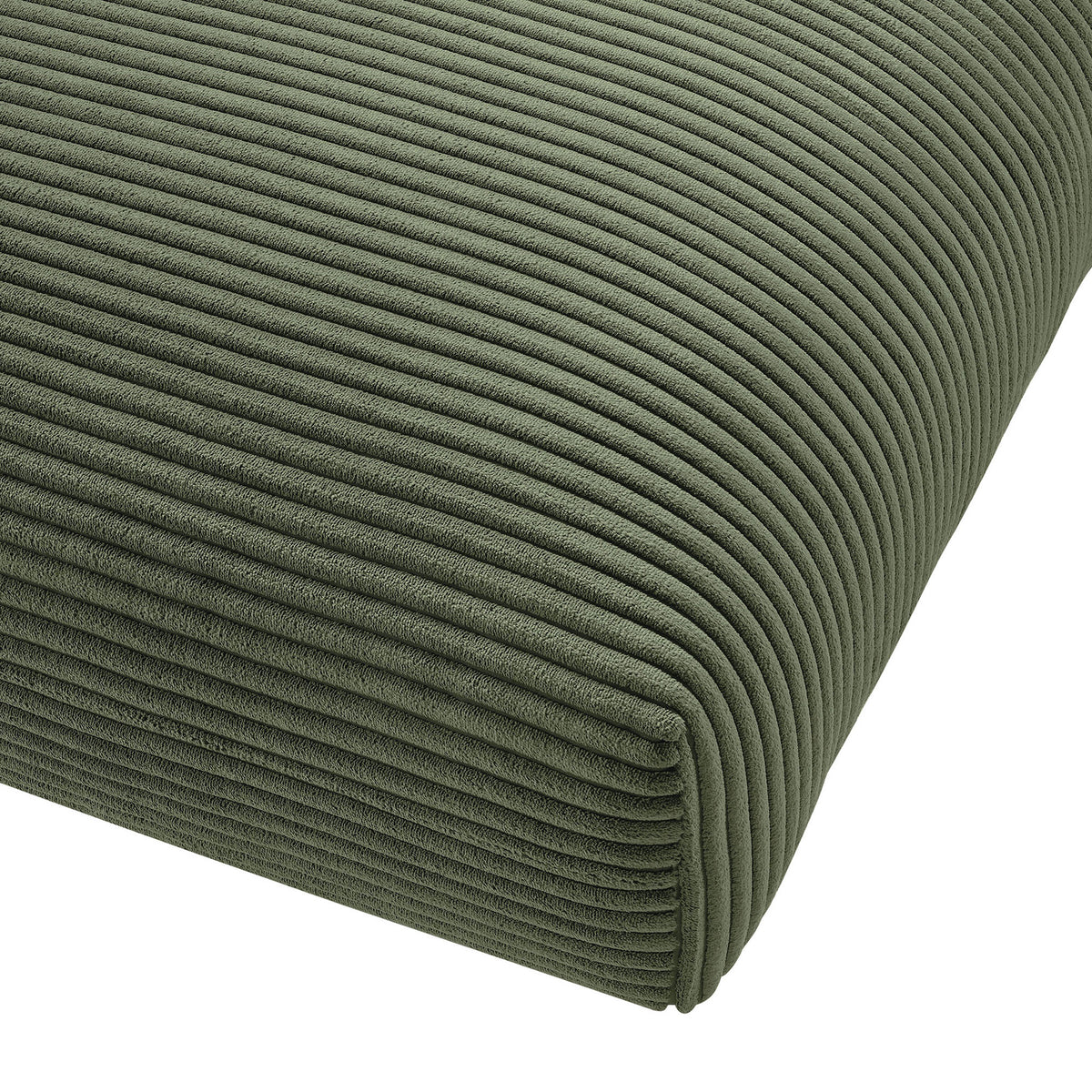 Fern corduroy upholstery on the ottoman corner showing soft ribbed texture and neatly tailored seams. || EEI-6888-FRN || detail_studio
