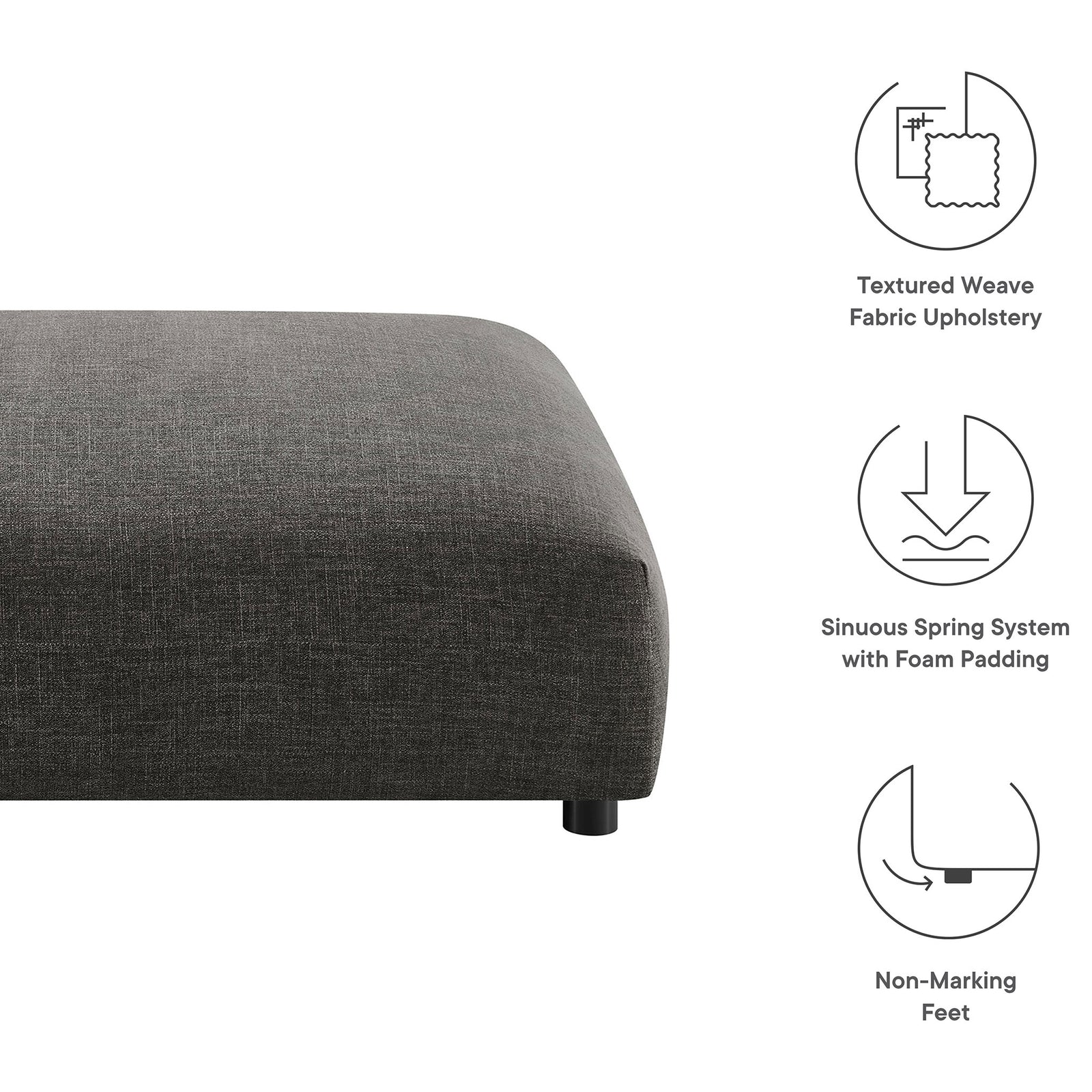 Charcoal ottoman with icons highlighting its textured fabric, spring support system, and non-marking feet || EEI-6889-CHA || callout_studio