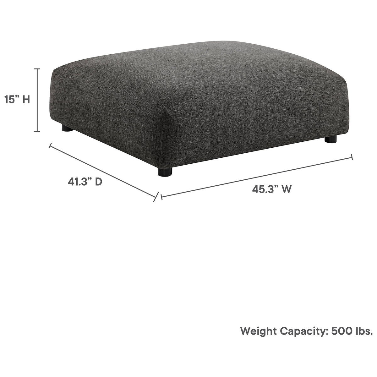 Charcoal modular ottoman with dimensions and 500 lb weight capacity shown for easy planning || EEI-6889-CHA || dimension_studio