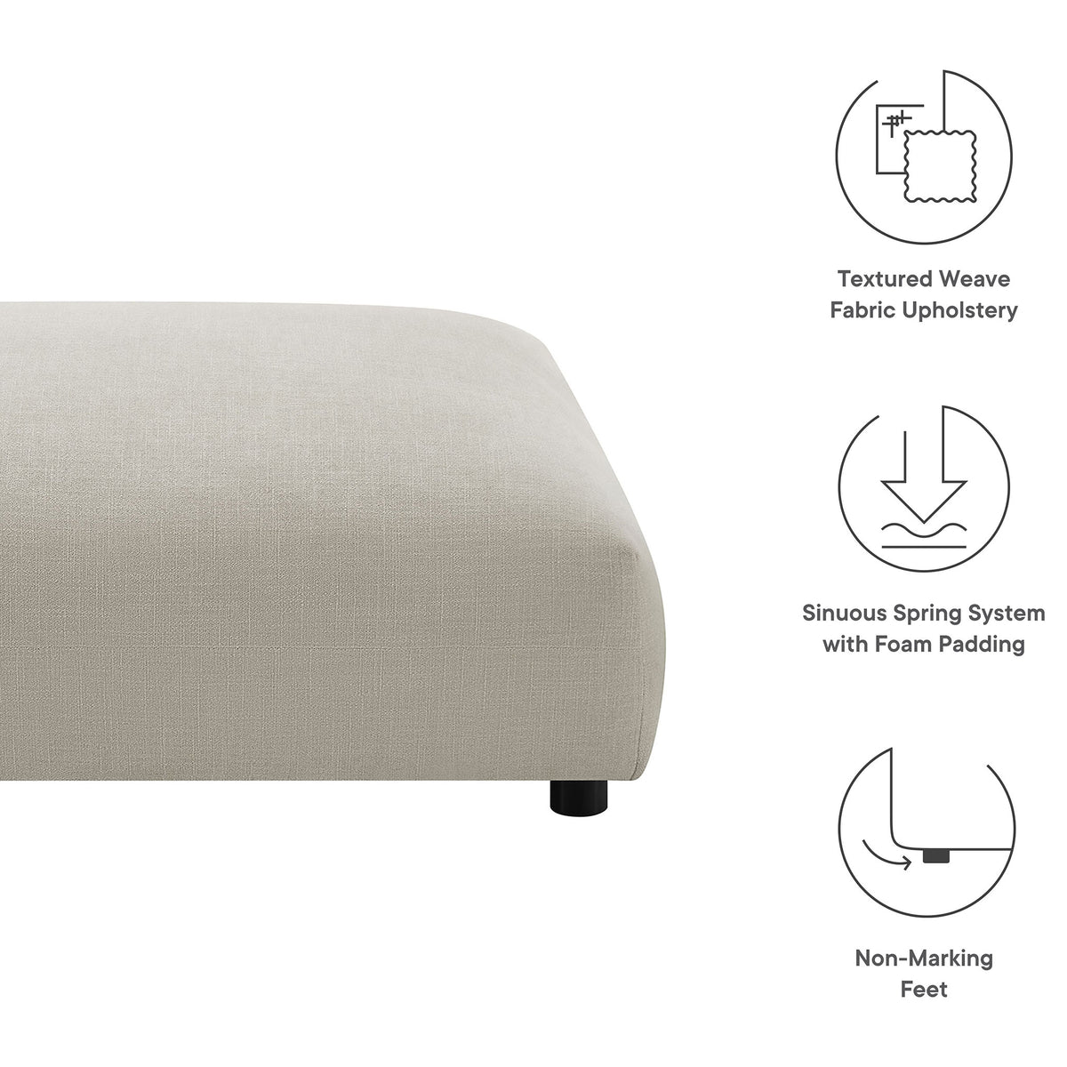 Linen ottoman highlights textured weave upholstery, sinuous spring support, and non-marking feet for everyday use || EEI-6889-LIN || callout_studio