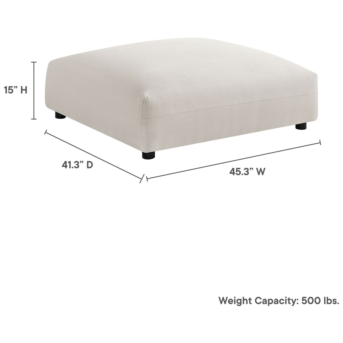 Salt modular ottoman with printed dimensions and weight capacity details on a clean white background || EEI-6889-SAL || dimension_studio