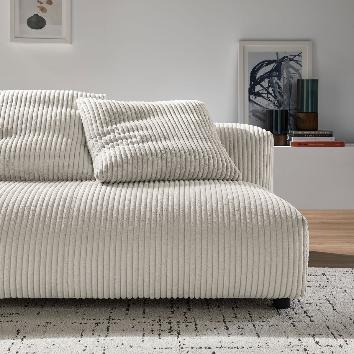 Almond corduroy loveseat styled in a modern living room with art and decor accents || EEI-6890-ALM || detail_room