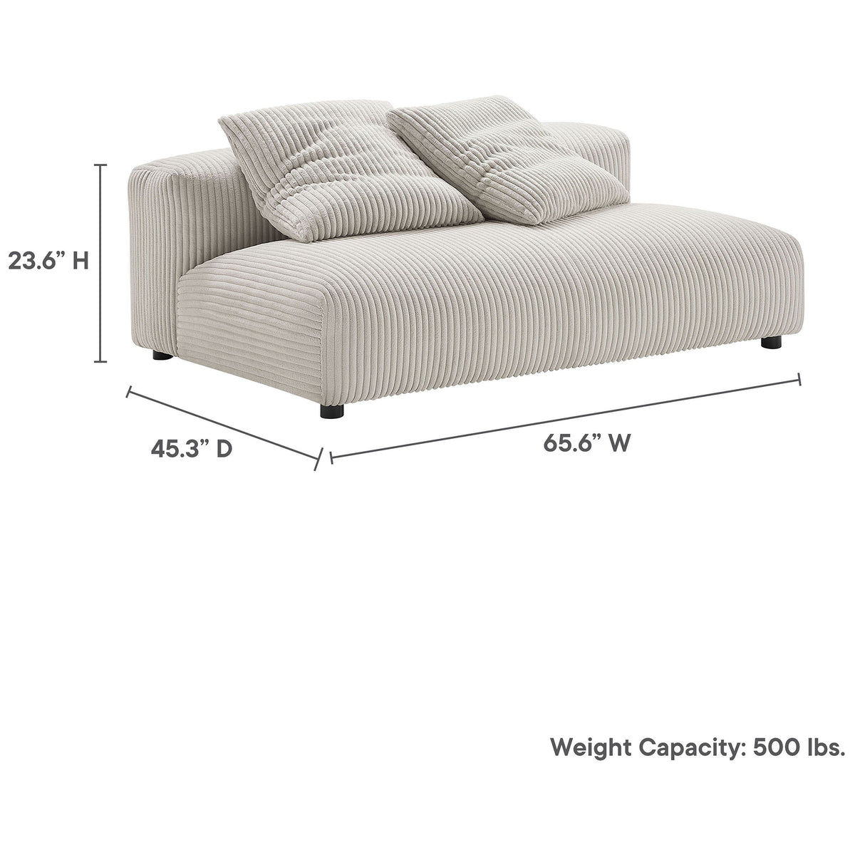 Dimensions and weight capacity shown for the almond corduroy armless loveseat || EEI-6890-ALM || dimension_studio