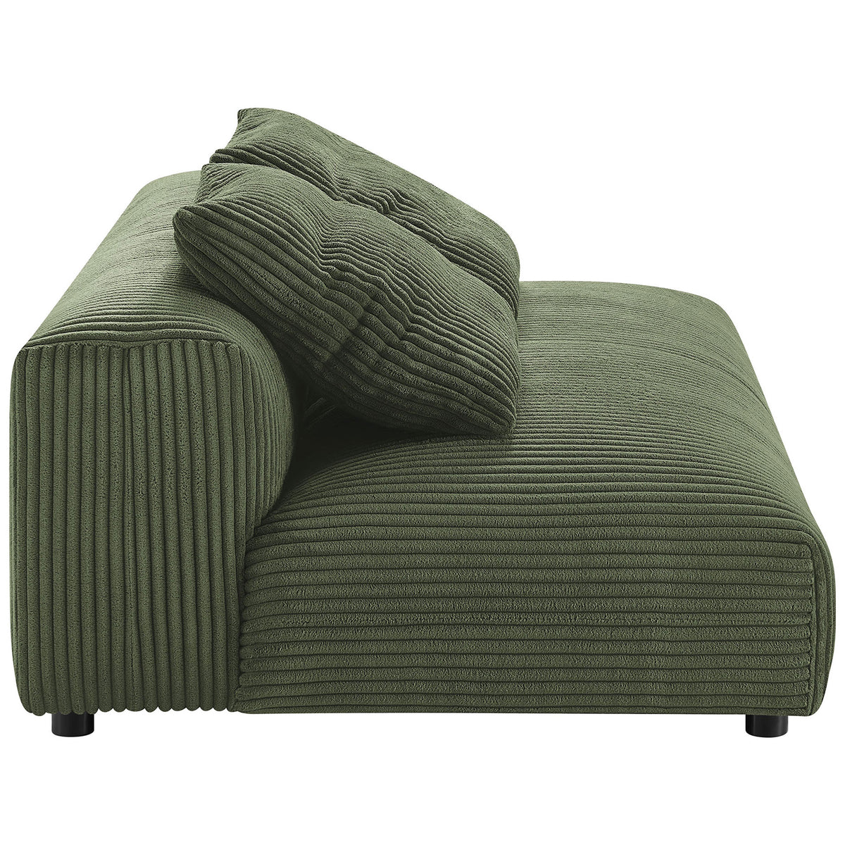Sculpted corduroy loveseat silhouette showcasing rounded arm, deep seat, and textured fern upholstery || EEI-6890-FRN || side_studio