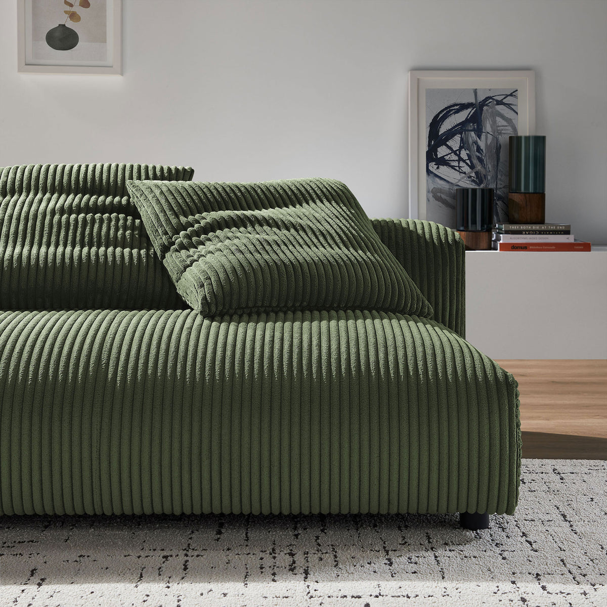 Fern corduroy loveseat styled in a modern living room with artful accents and cozy layered textures || EEI-6890-FRN || detail_room