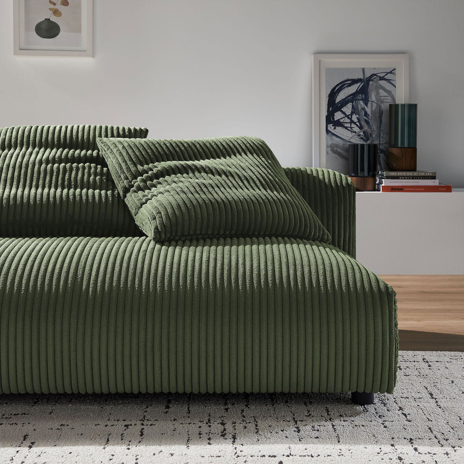 Fern corduroy loveseat styled in a modern living room with artful accents and cozy layered textures || EEI-6890-FRN || detail_room