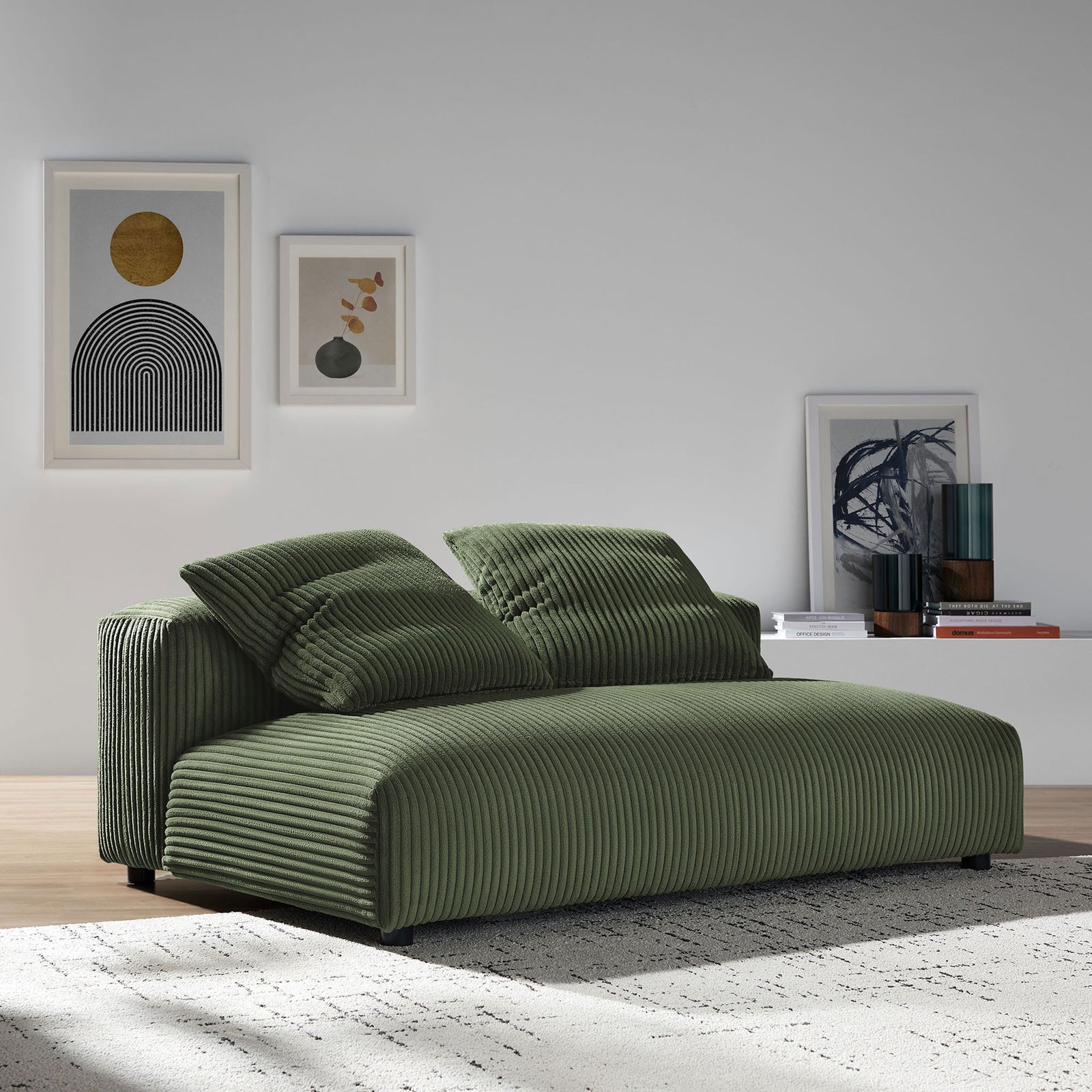 Generous fern corduroy loveseat creating an inviting lounge centerpiece in a bright contemporary room || EEI-6890-FRN || front_angle_room
