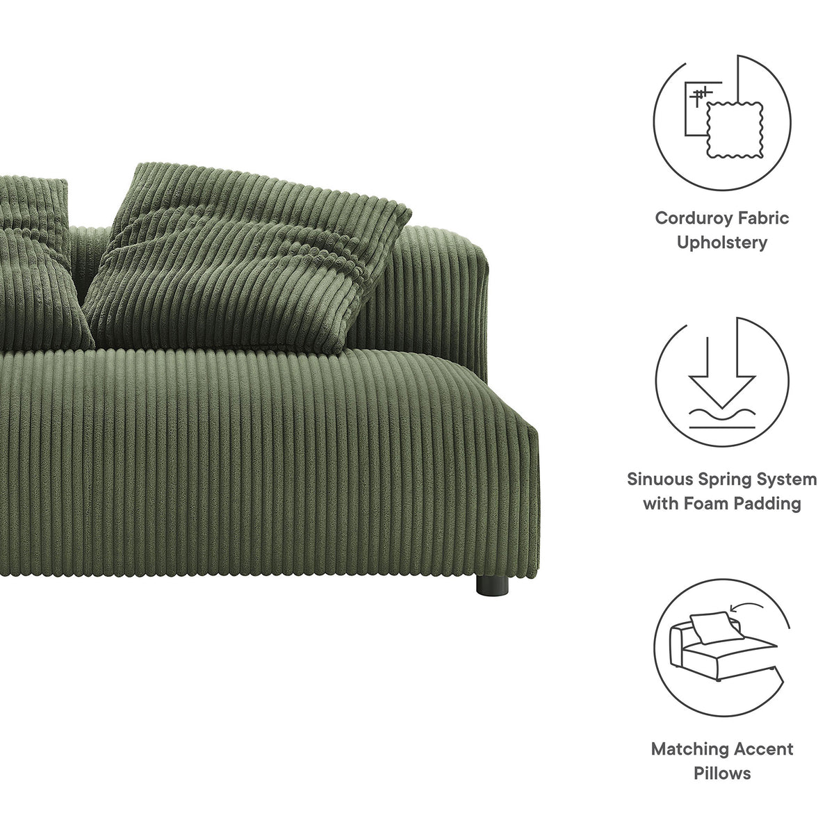 Feature graphic highlighting corduroy upholstery, sinuous spring comfort, and matching accent pillows || EEI-6890-FRN || callout_studio