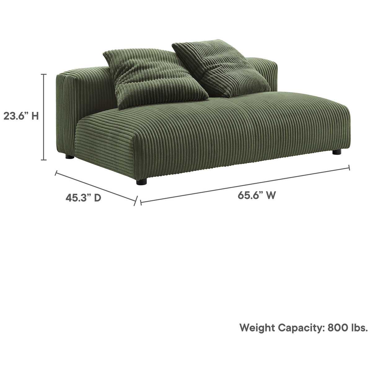 Dimension graphic showing loveseat width, depth, height, and impressive 800 pound weight capacity || EEI-6890-FRN || dimension_studio