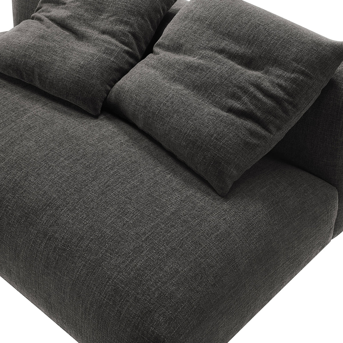 Textured charcoal woven upholstery and plush cushions showcasing the loveseat's soft, inviting feel. || EEI-6891-CHA || swatch_studio