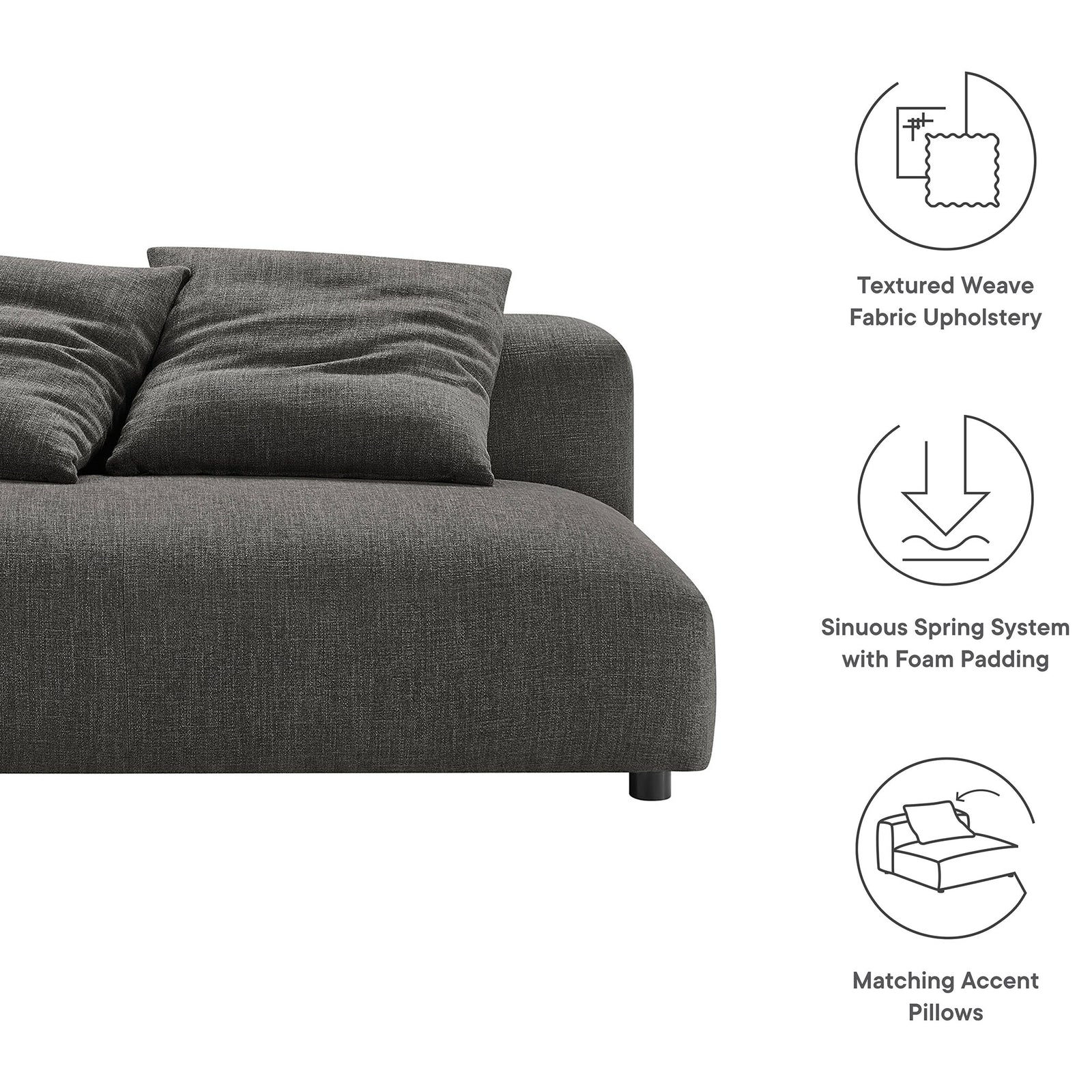 Charcoal modular loveseat with textured fabric, sinuous spring support, and matching accent pillows. || EEI-6891-CHA || callout_studio