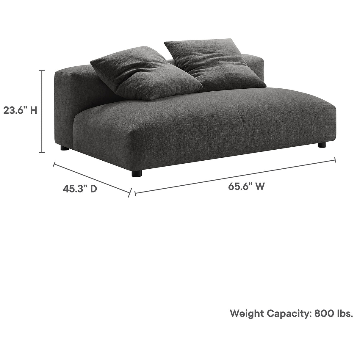 Charcoal armless loveseat with dimensions and 800 lb weight capacity labeled for easy planning. || EEI-6891-CHA || dimension_studio