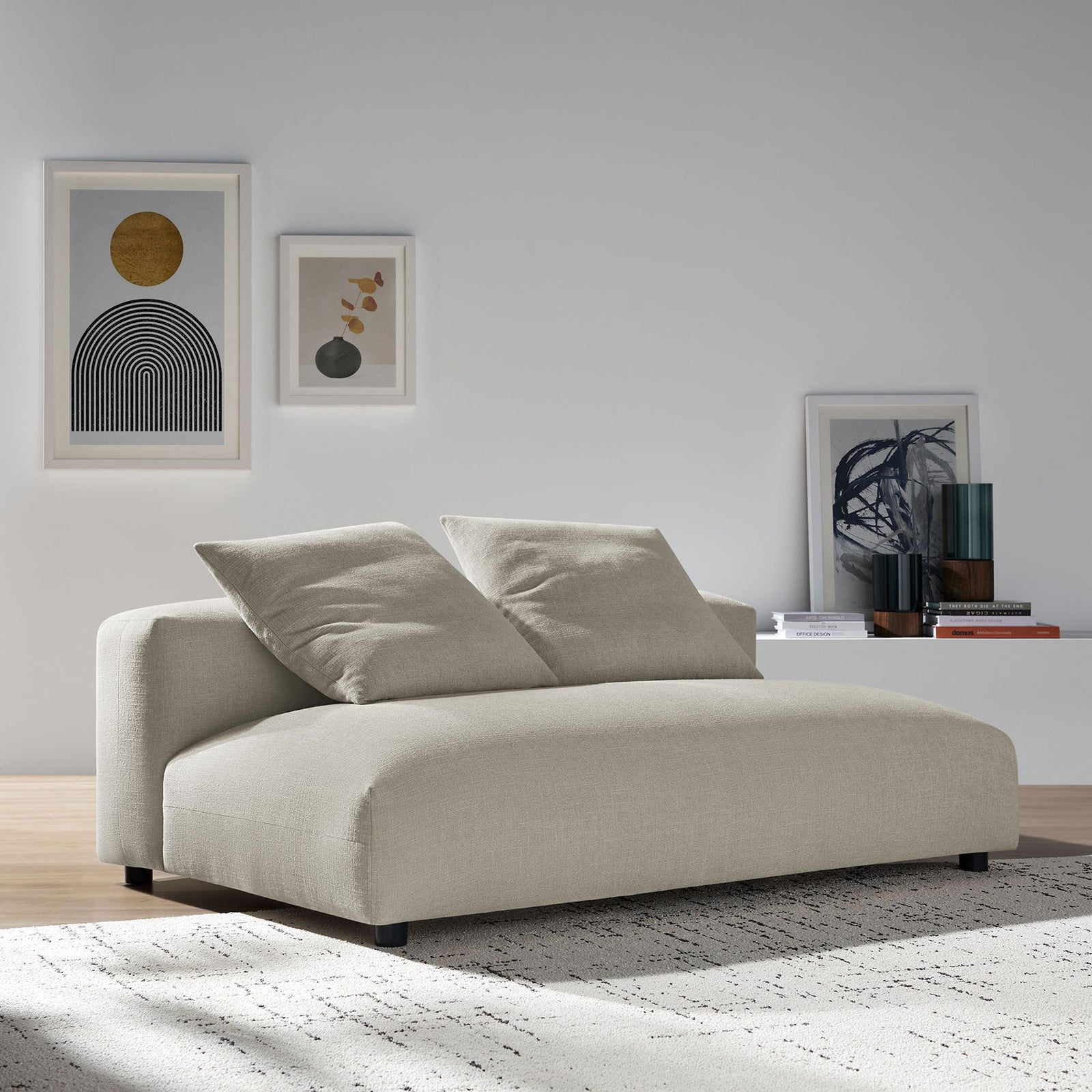Linen armless loveseat anchors a modern living space with soft curves and inviting, lounge-style seating || EEI-6891-LIN || front_room