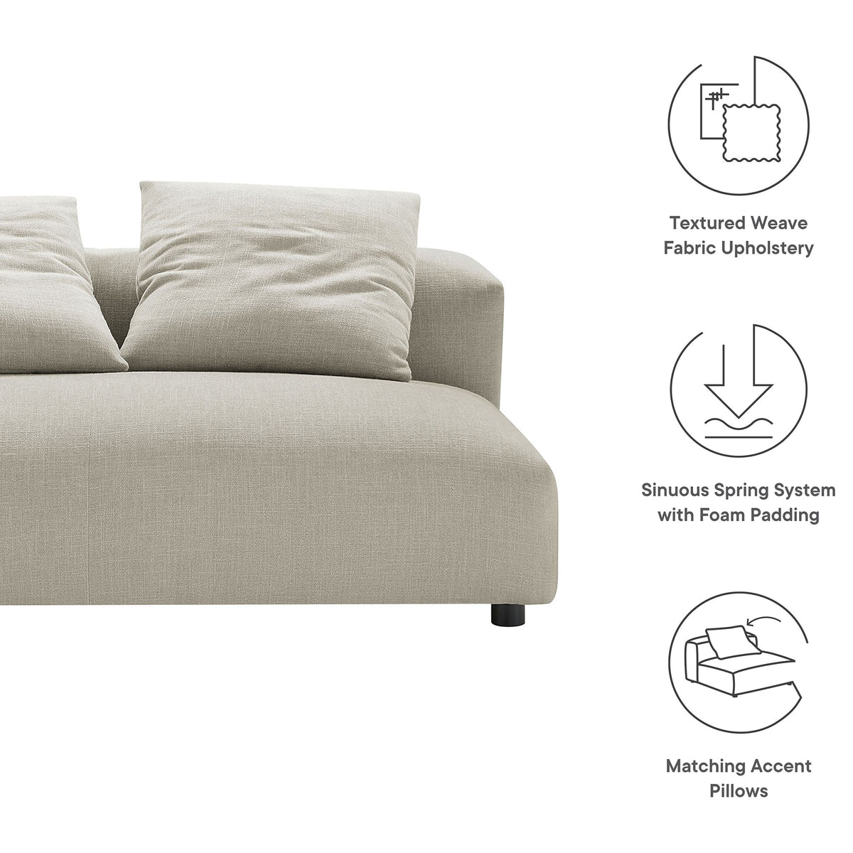Textured weave upholstery, sinuous spring support, and matching accent pillows enhance this modern loveseat || EEI-6891-LIN || callout_studio