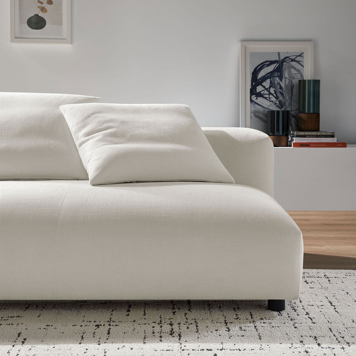 Salt fabric loveseat arm and cushion styled with modern decor for a cozy, inviting living room vignette || EEI-6891-SAL || detail_room