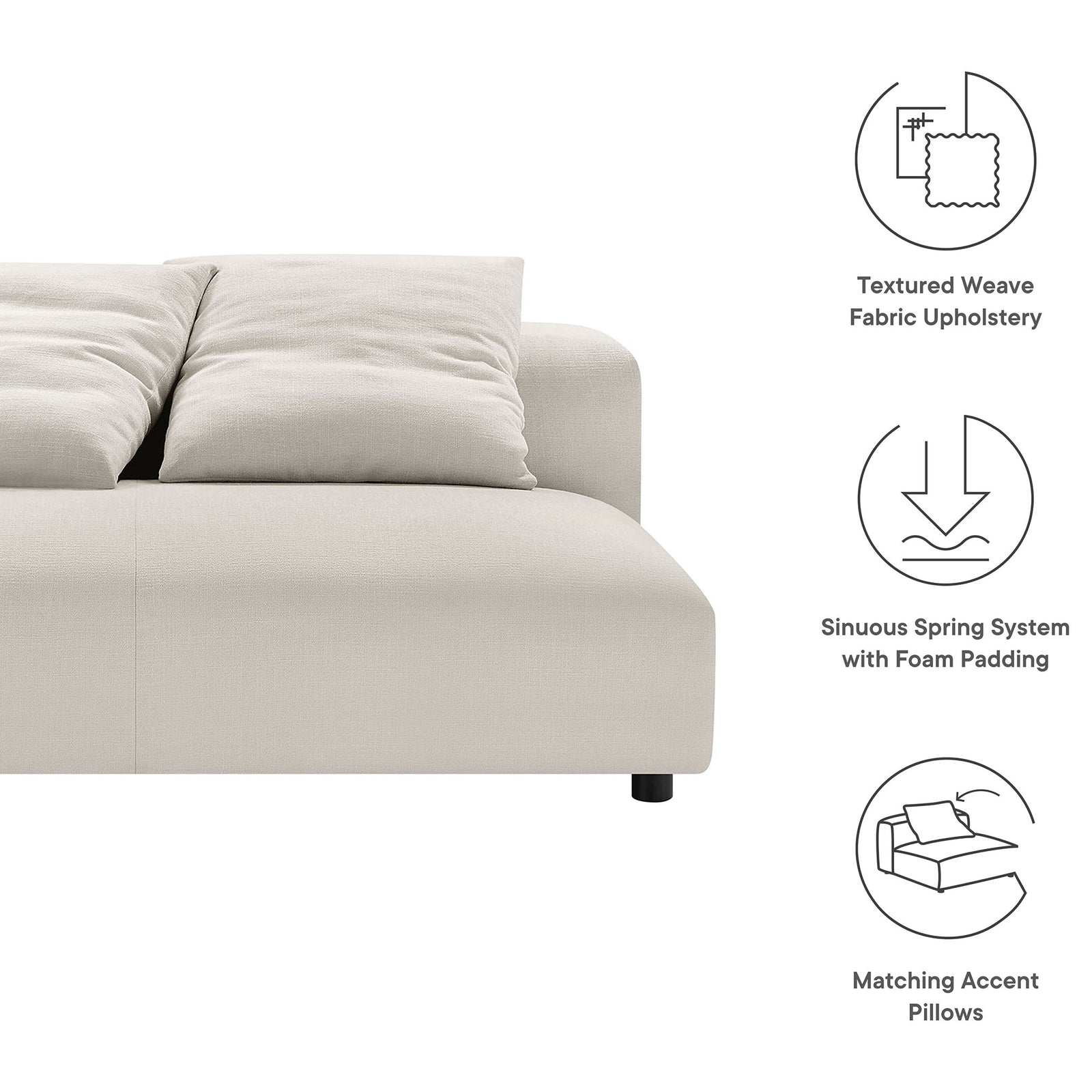 Feature graphic showcasing textured weave upholstery, sinuous spring support, and matching accent pillows || EEI-6891-SAL || callout_studio