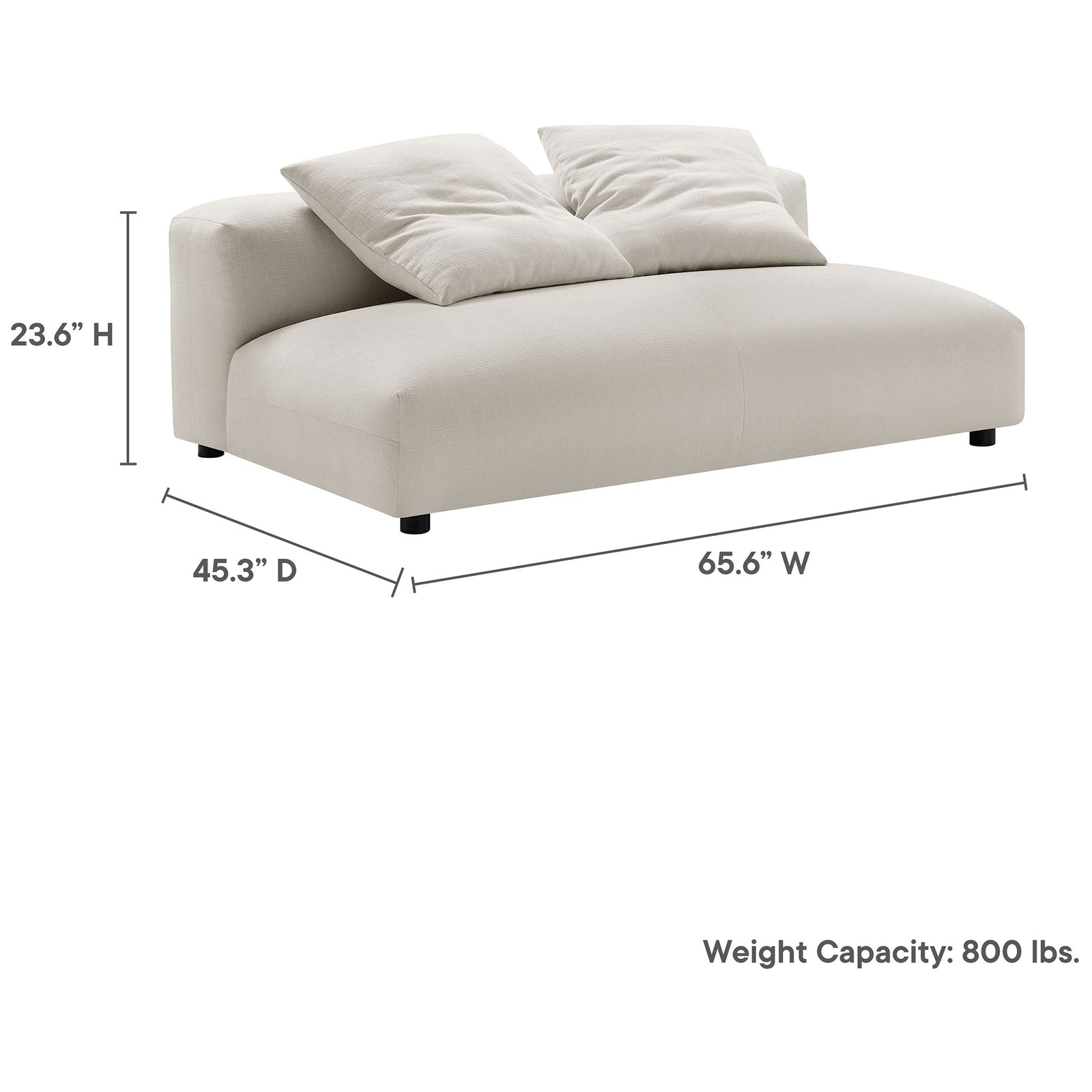 Dimension graphic of the Solace modular armless loveseat in salt fabric with width, depth, and height callouts || EEI-6891-SAL || dimension_studio