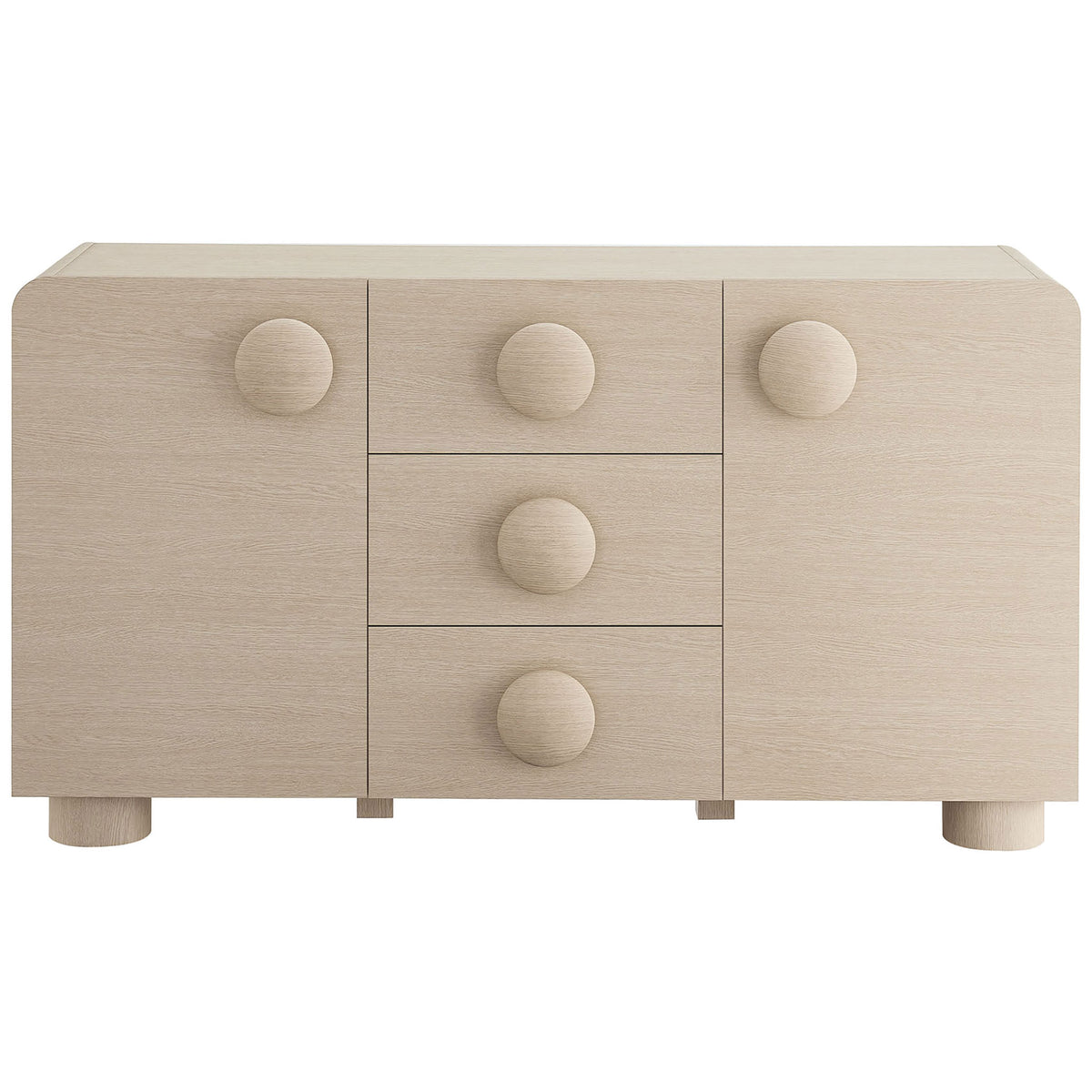 Ash wood Sonnet sideboard with rounded corners and bold circular pulls on three drawers and two doors. || EEI-6892-ASH || front_studio