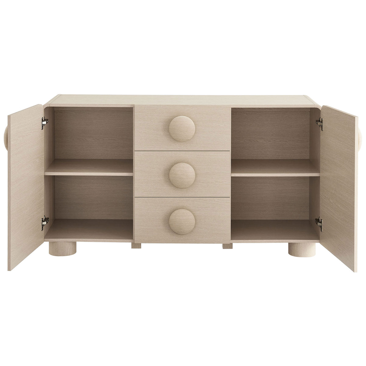Sonnet sideboard with both cabinet doors open, revealing adjustable shelving for dishes and decor. || EEI-6892-ASH || front_open_studio