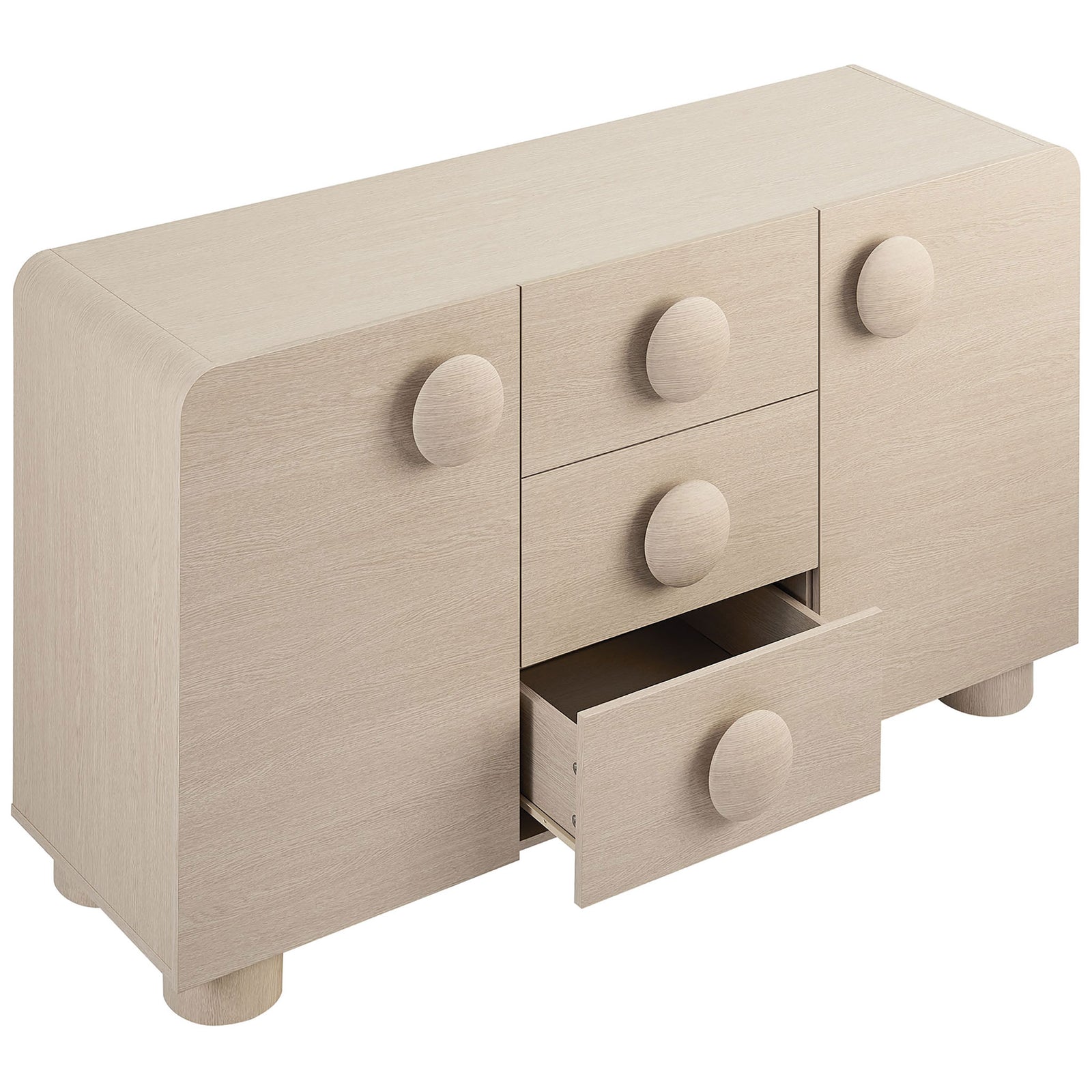Sonnet sideboard in ash showing a lower drawer gliding open for easy access to everyday essentials. || EEI-6892-ASH || front_angle_open_studio
