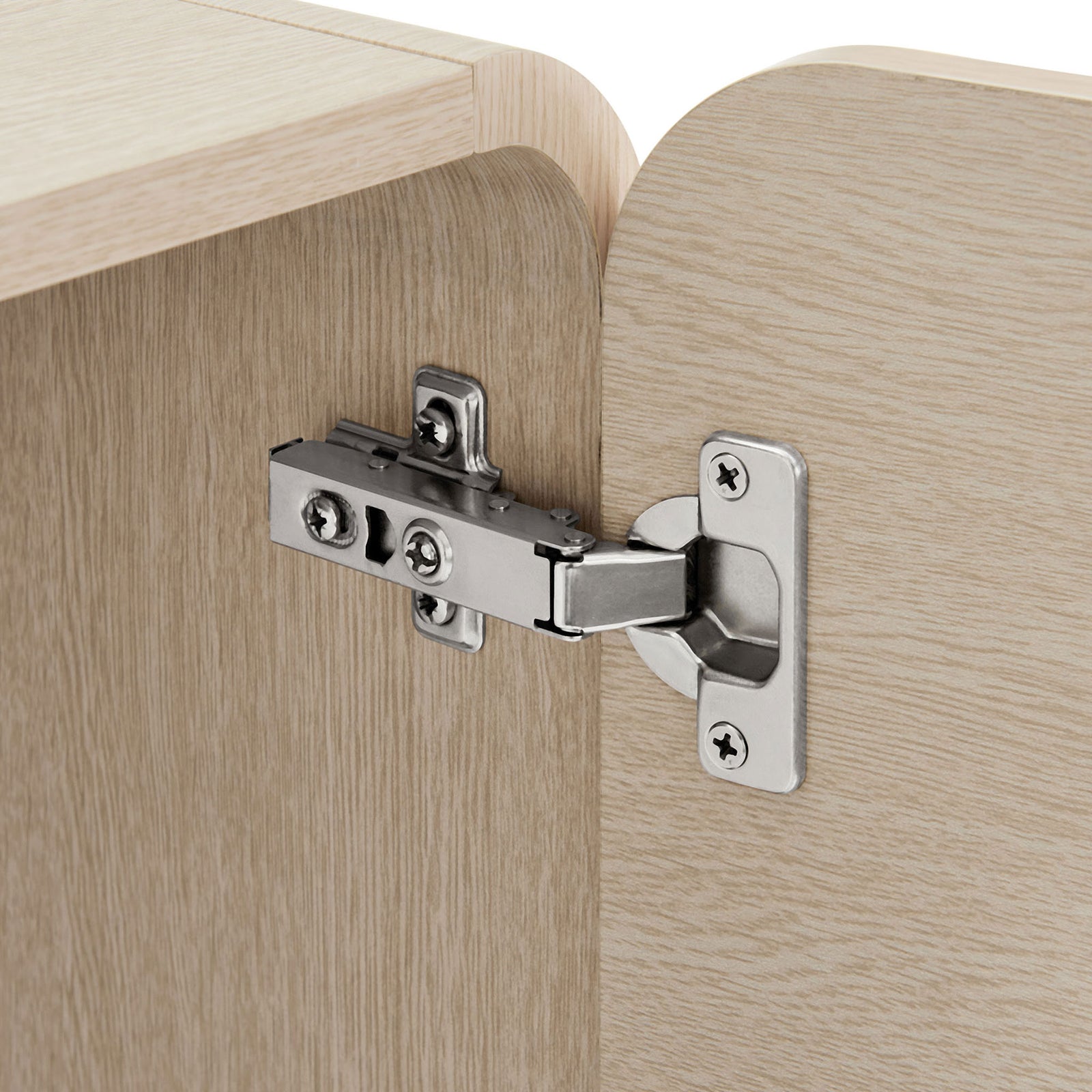 Soft-close metal hinge hardware on the Sonnet cabinet door for smooth, quiet operation. || EEI-6892-ASH || detail_studio