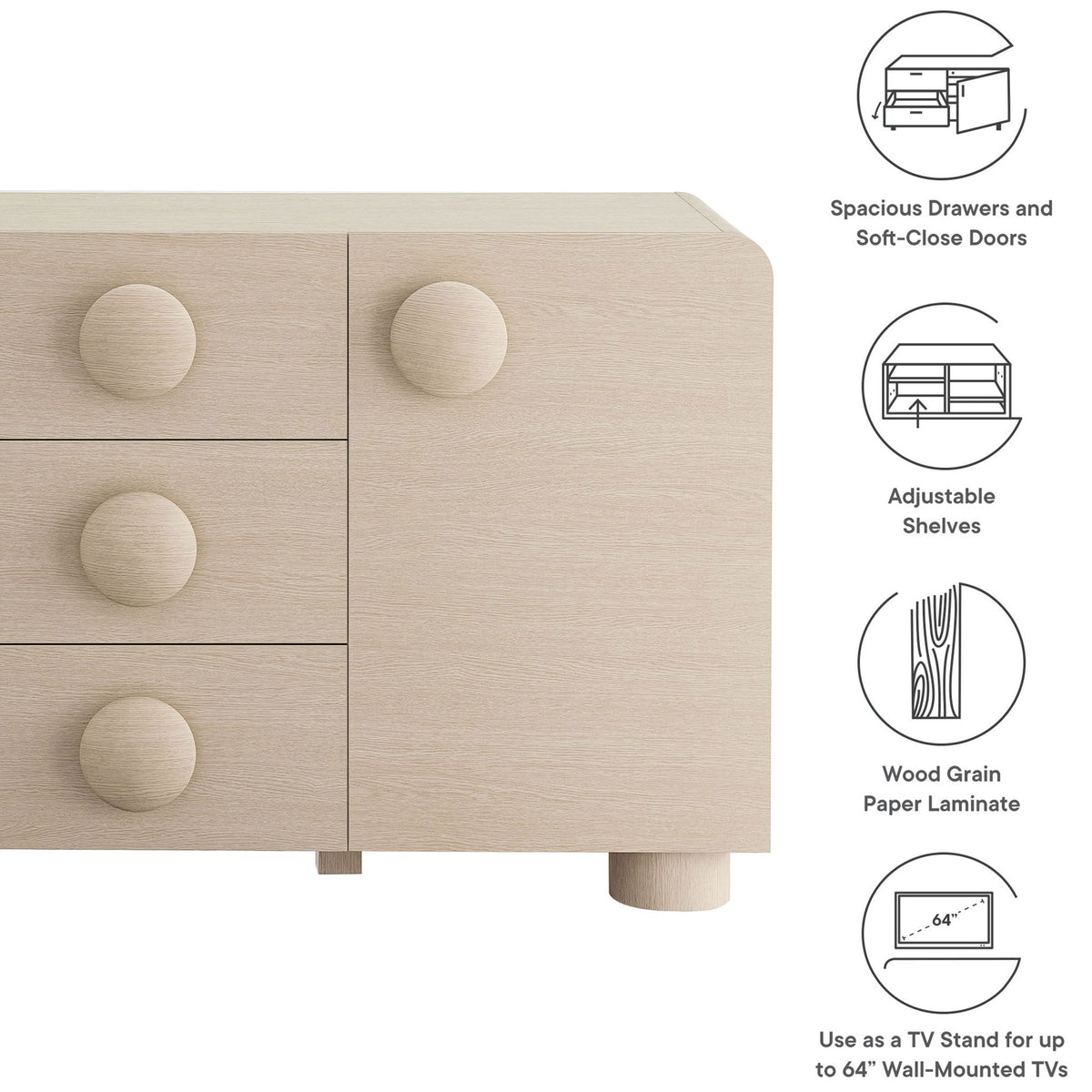 Feature highlights of the Sonnet sideboard, including spacious storage, wood grain finish, and TV stand use. || EEI-6892-ASH || callout_studio