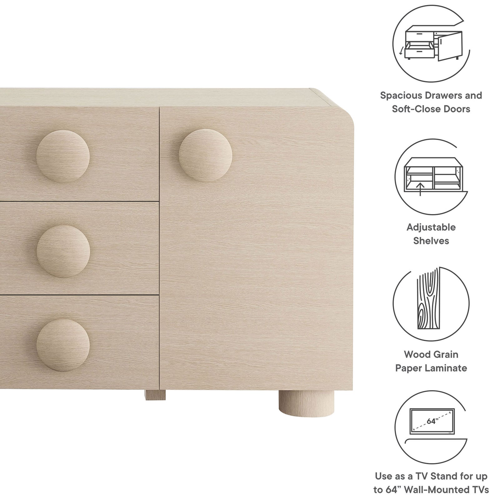 Feature highlights of the Sonnet sideboard, including spacious storage, wood grain finish, and TV stand use. || EEI-6892-ASH || callout_studio