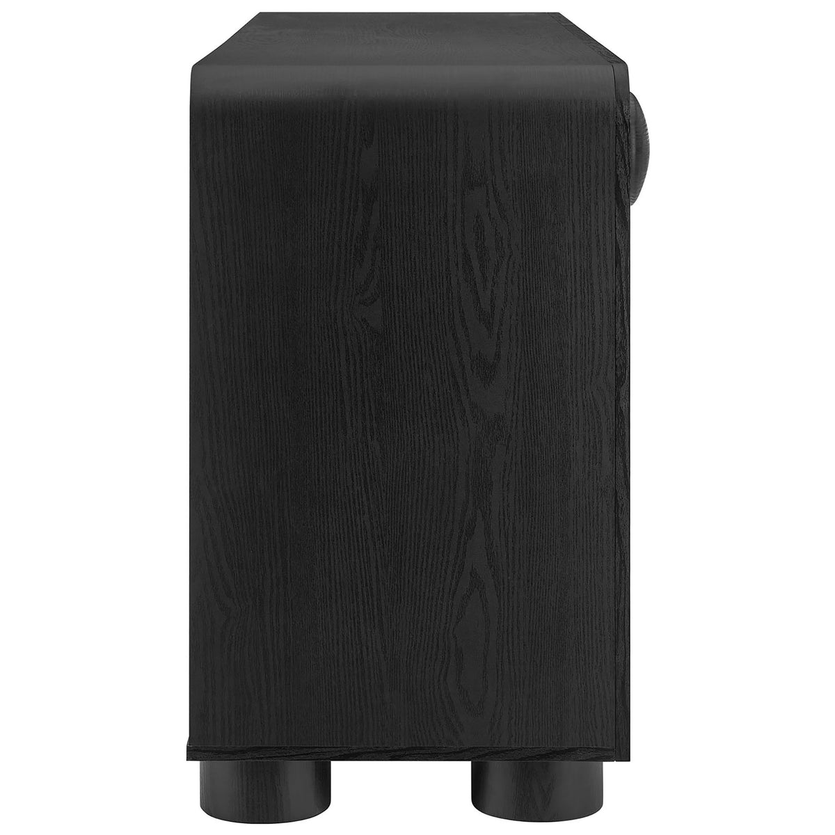 Streamlined black Sonnet sideboard profile showcasing smooth curved edges and rich wood grain texture || EEI-6892-BLK || side_studio