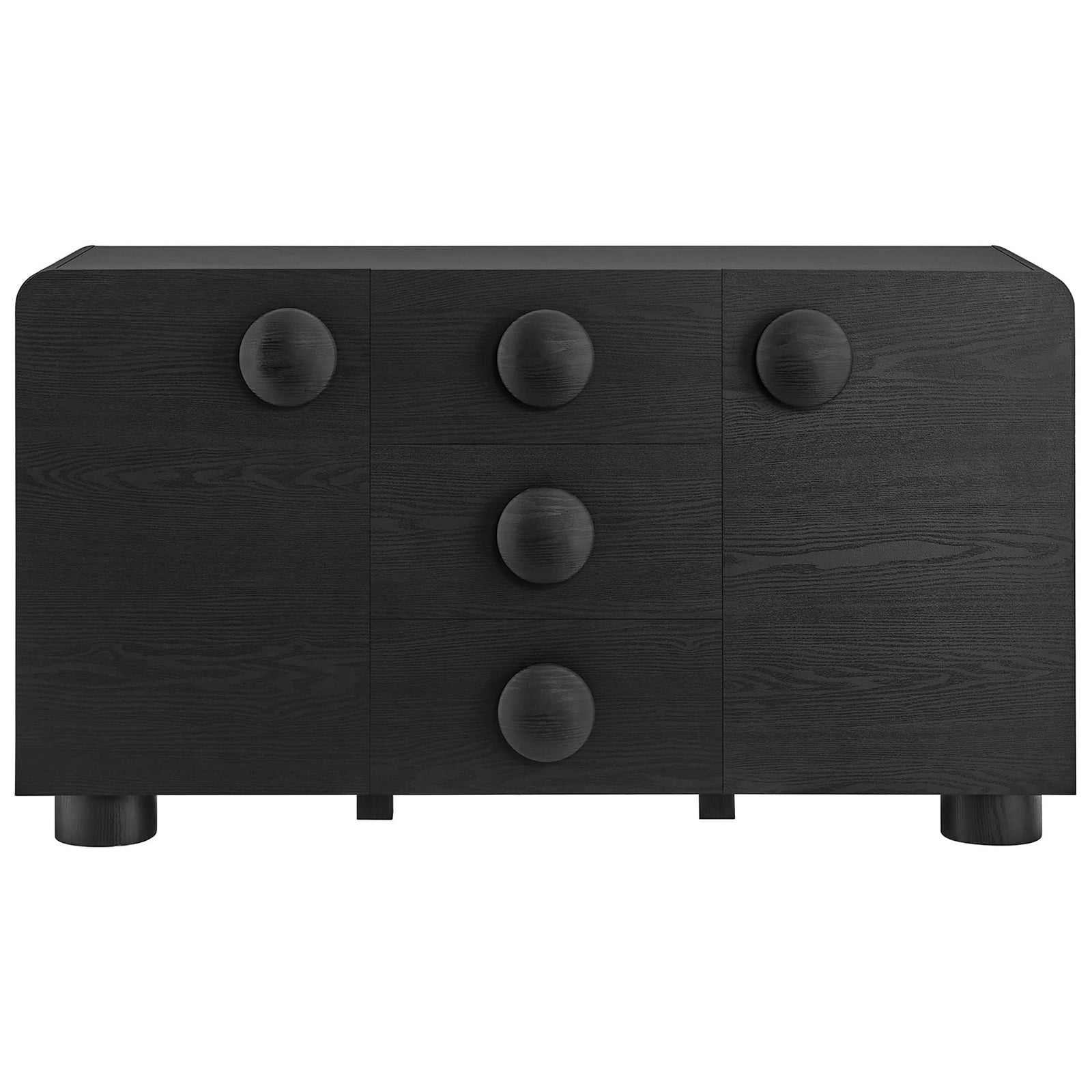 Black Sonnet 57 inch sideboard with three drawers, two doors, and oversized circular accent pulls || EEI-6892-BLK || front_studio