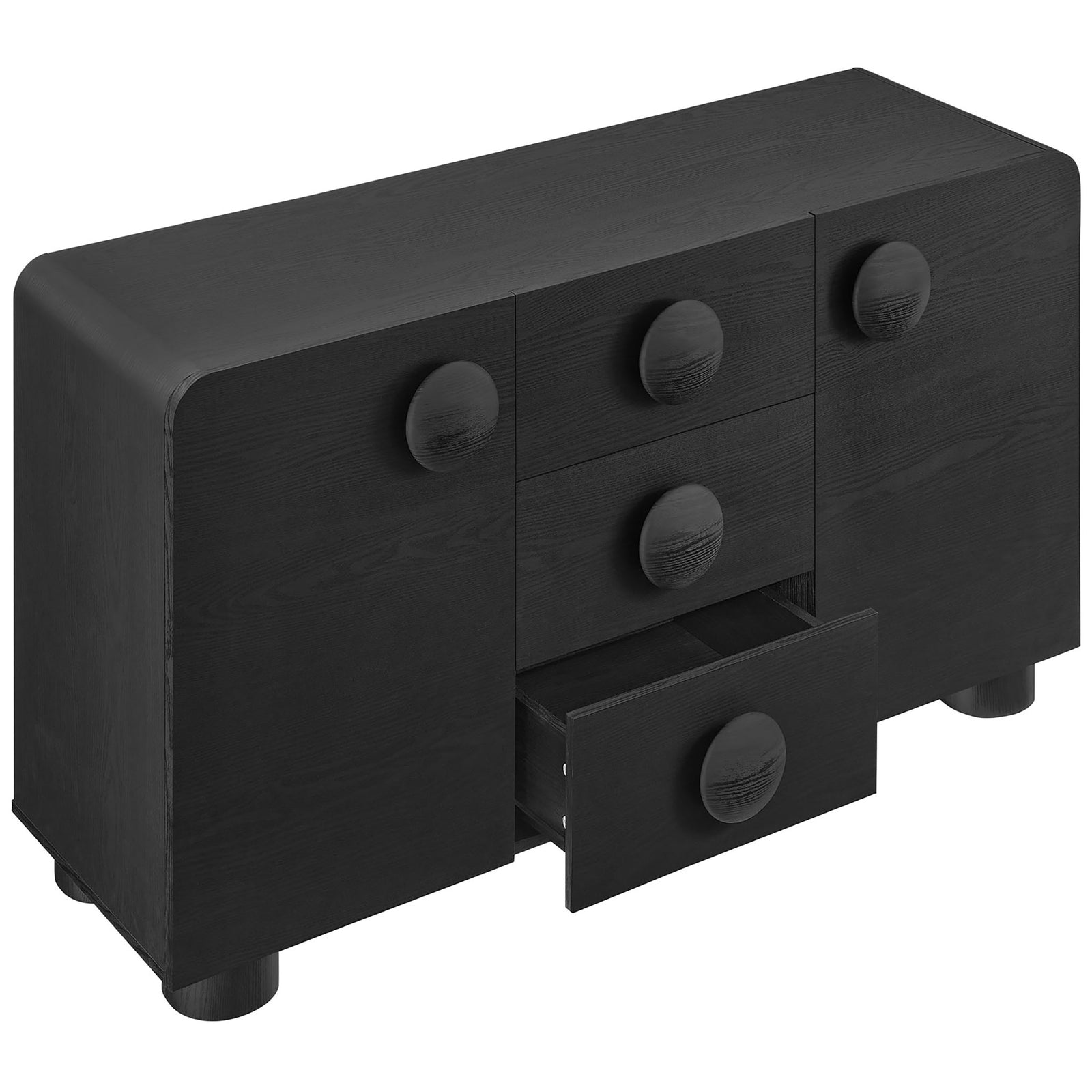Black Sonnet sideboard with lower drawer open, highlighting spacious storage and playful circular hardware || EEI-6892-BLK || front_angle_open_studio