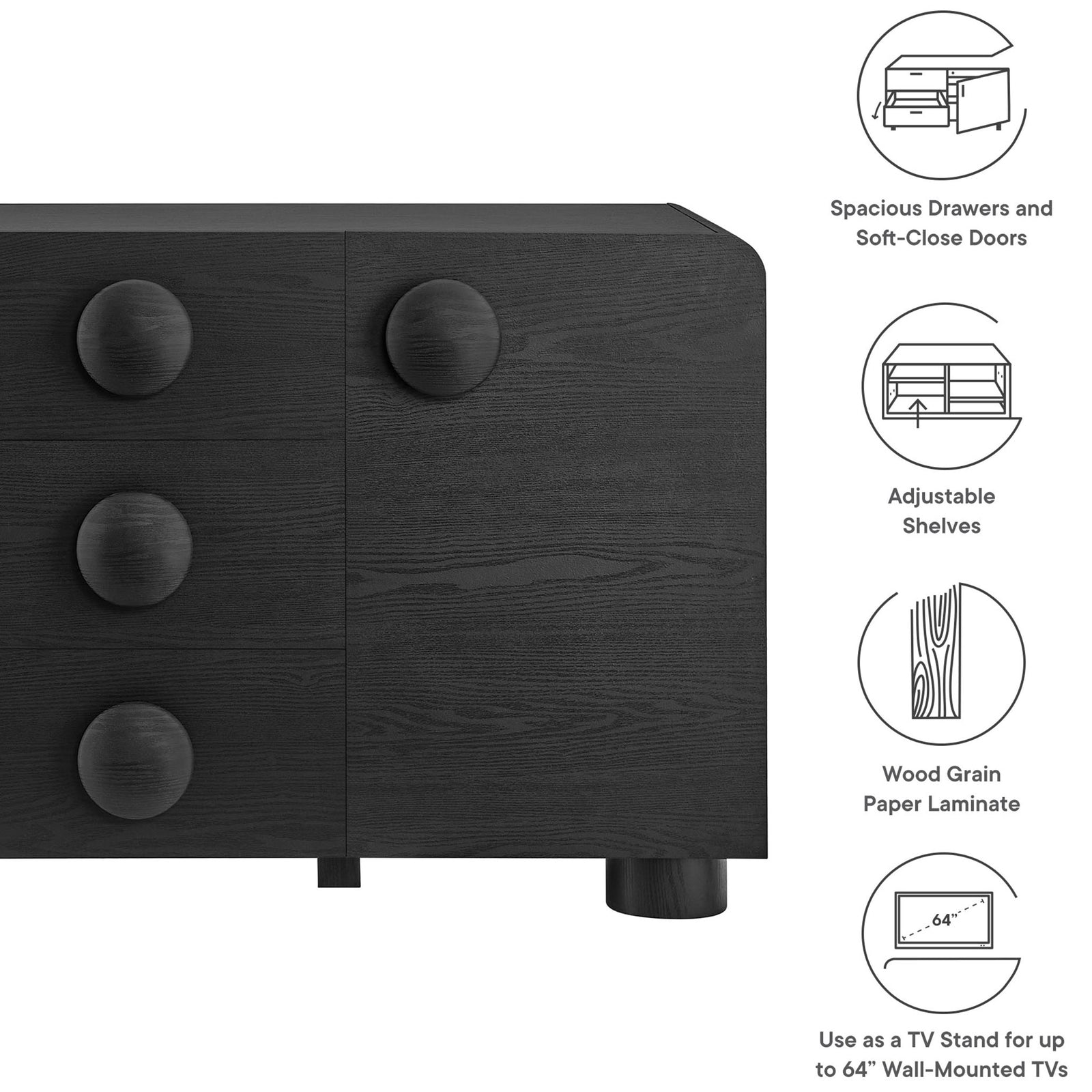 Feature graphic highlighting Sonnet sideboard storage, adjustable shelves, wood grain finish, and TV use || EEI-6892-BLK || callout_studio