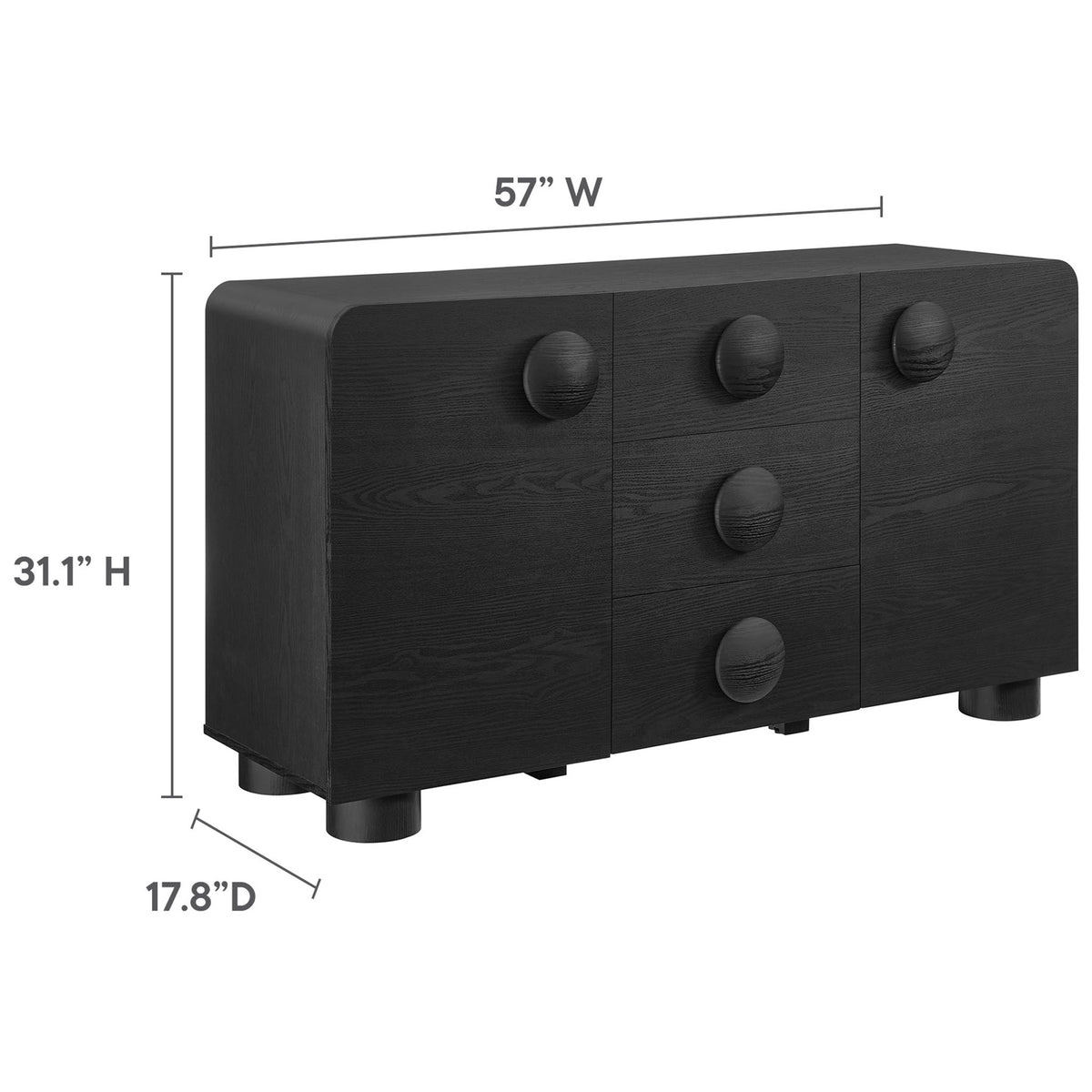 Dimension diagram of the black Sonnet 57 inch sideboard cabinet showing overall width, height, and depth || EEI-6892-BLK || dimension_studio