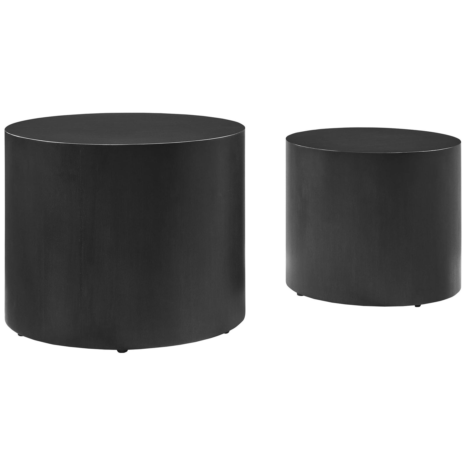 Sleek black drum nesting coffee tables with smooth ash wood veneer and rounded silhouettes || EEI-6893-BLK || front_studio
