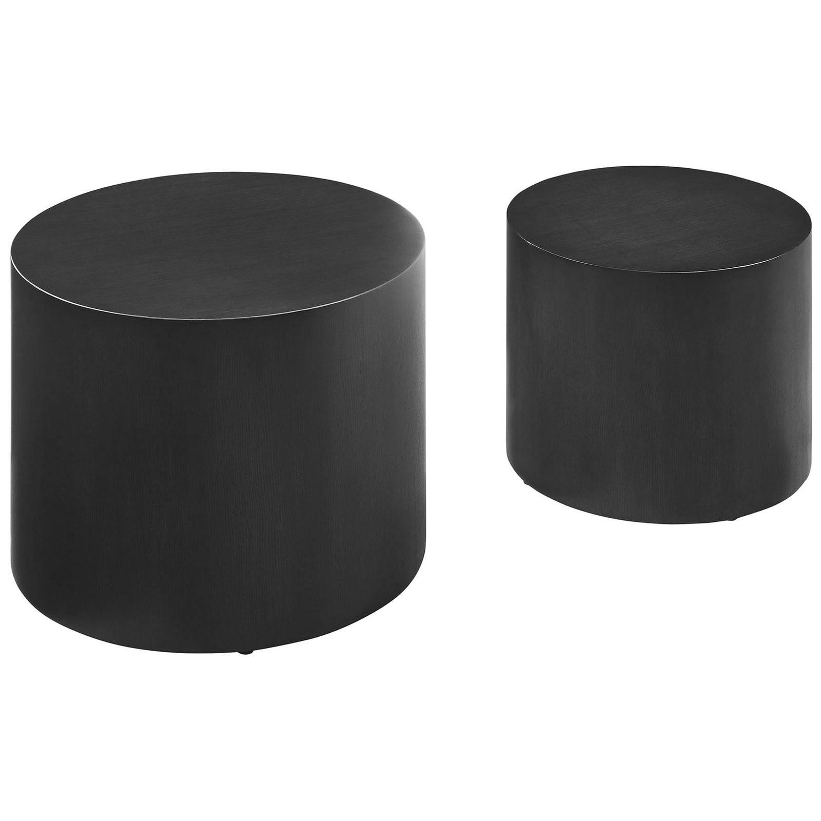 Versatile round coffee table duo in black ash wood veneer with clean, modern drum shapes || EEI-6893-BLK || front_angle_studio