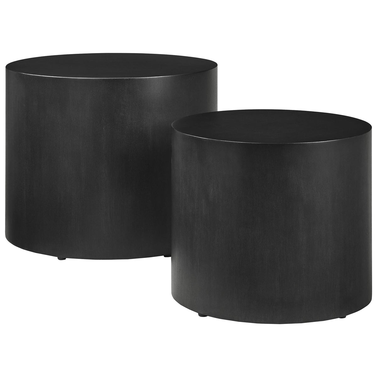 Large and small round tables pair in black ash wood veneer for a cohesive drum design || EEI-6893-BLK || front_angle_studio