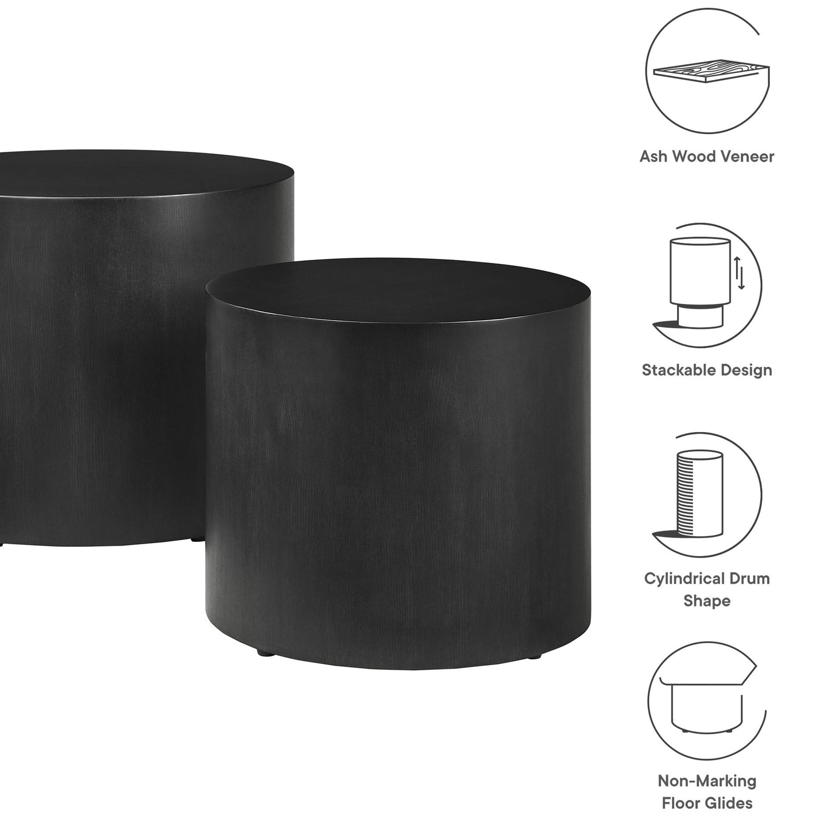 Key features include ash wood veneer, stackable drum design, and non-marking floor glides || EEI-6893-BLK || callout_studio