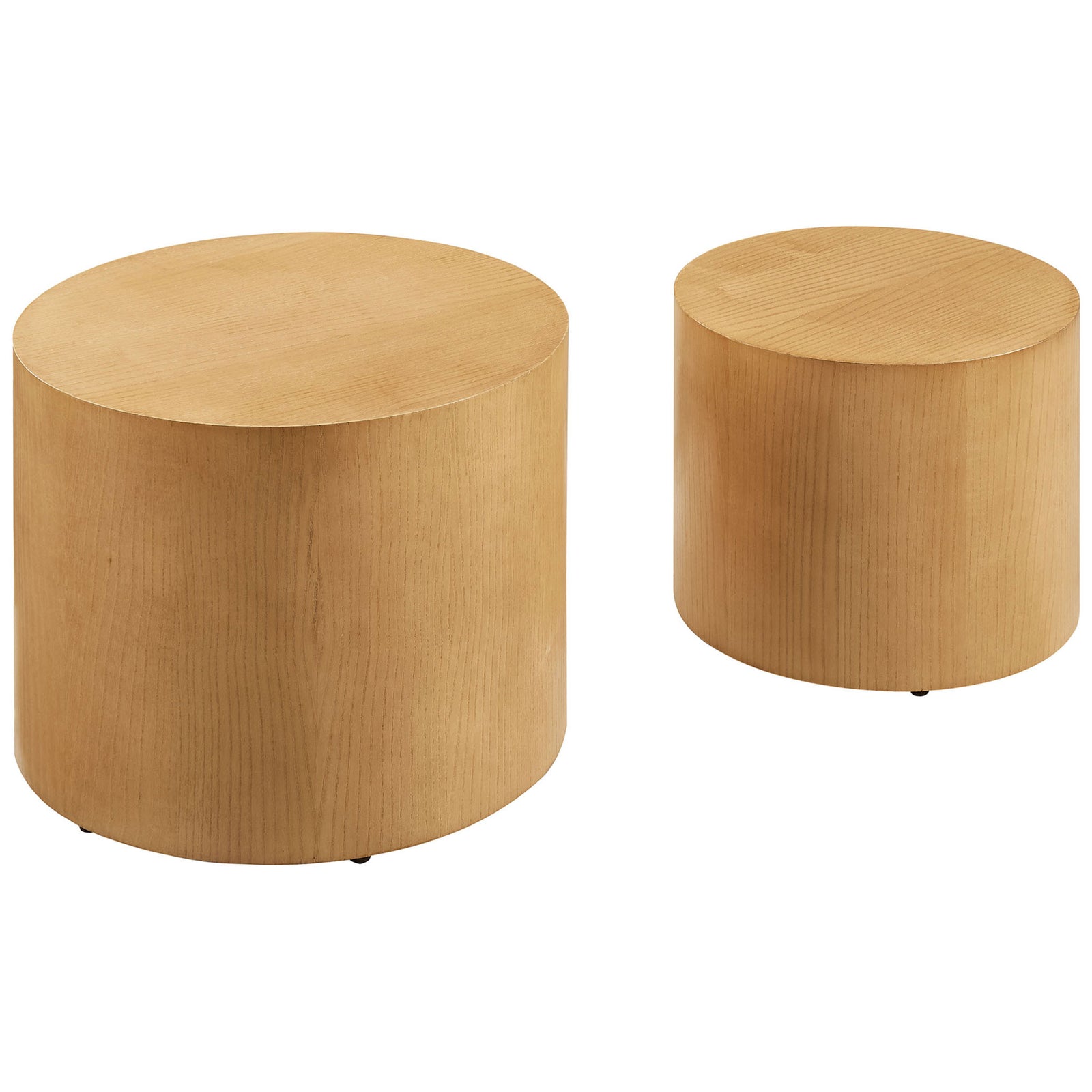 Set of two cylindrical coffee tables in a warm natural finish, designed to nest or spread out with ease || EEI-6893-NAT || front_angle_studio