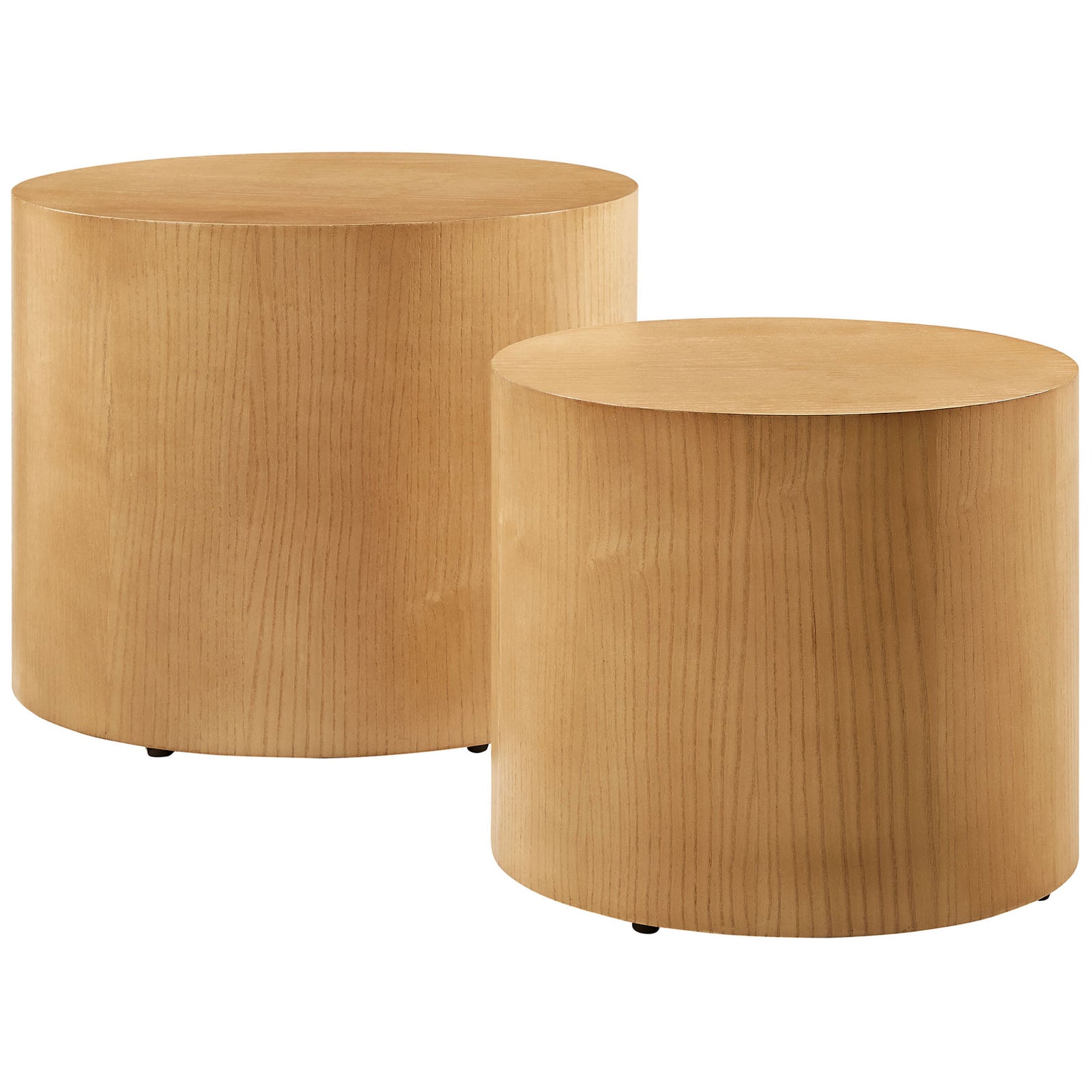 Rounded drum coffee tables showcase rich ash wood grain and sturdy, stackable construction || EEI-6893-NAT || front_angle_studio