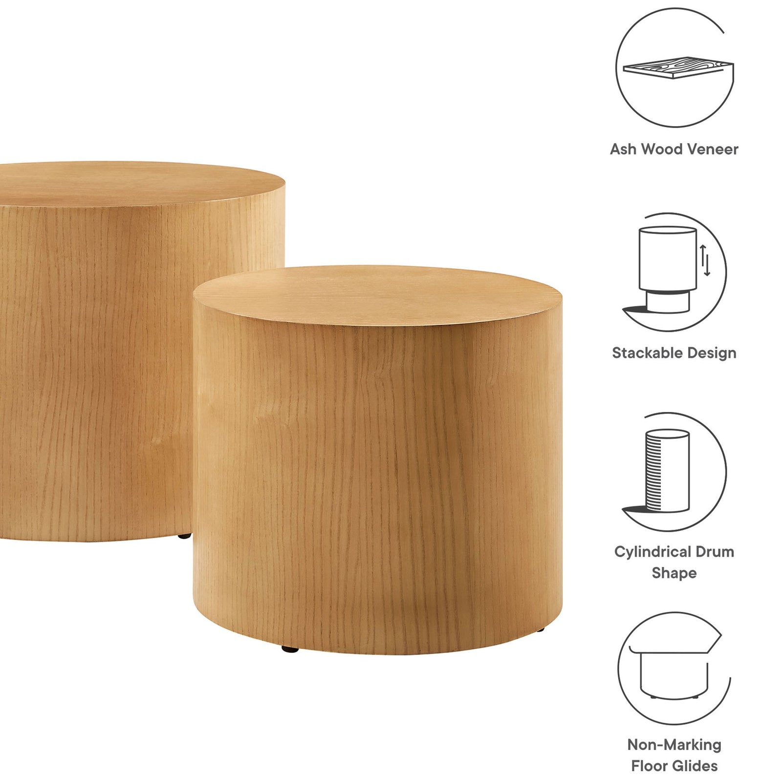 Versatile nesting coffee tables with ash wood veneer, rounded drum shape, and protective floor glides || EEI-6893-NAT || callout_studio