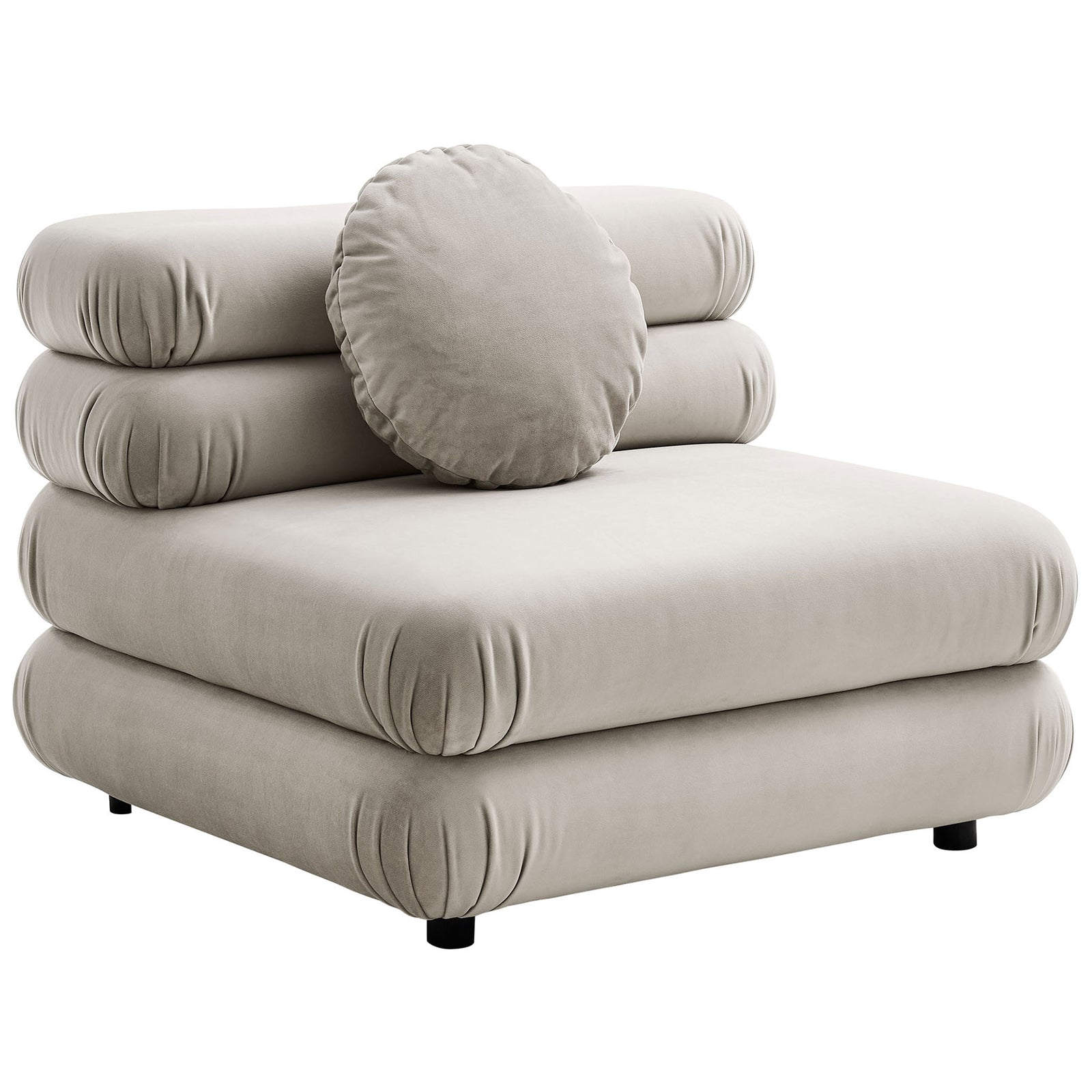 Curved, stacked cushions create a cozy silhouette, complete with an 18-inch round accent pillow || EEI-6896-ALM || front_angle_studio