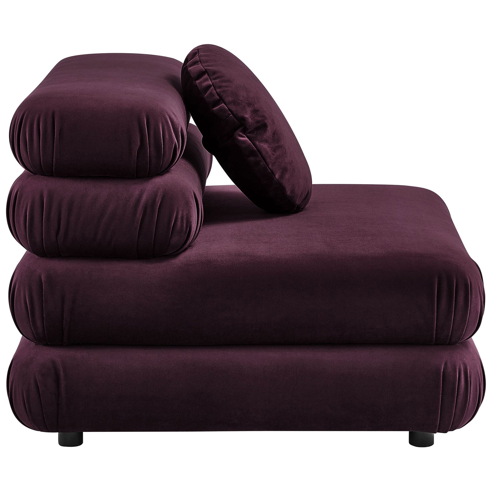 Low-profile armless design with stacked cushions and discreet floor-protecting feet || EEI-6896-MUL || side_studio